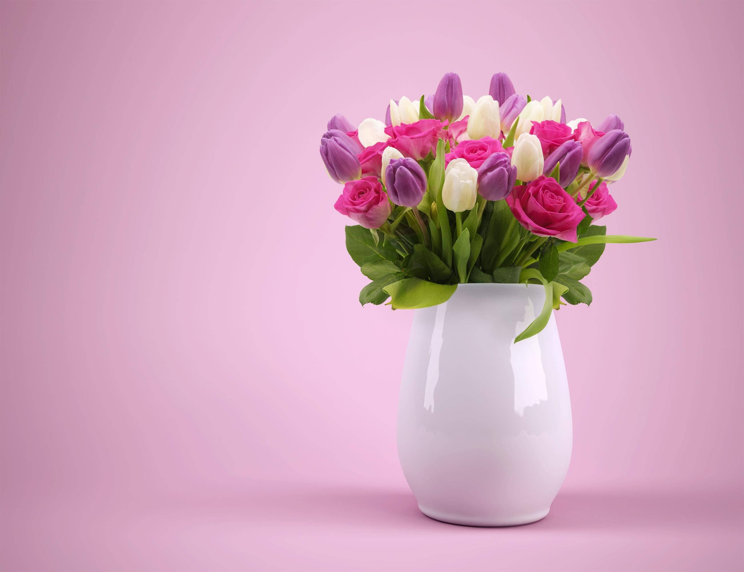 flower vase, tulips, roses, 2K Desktop Wallpaper