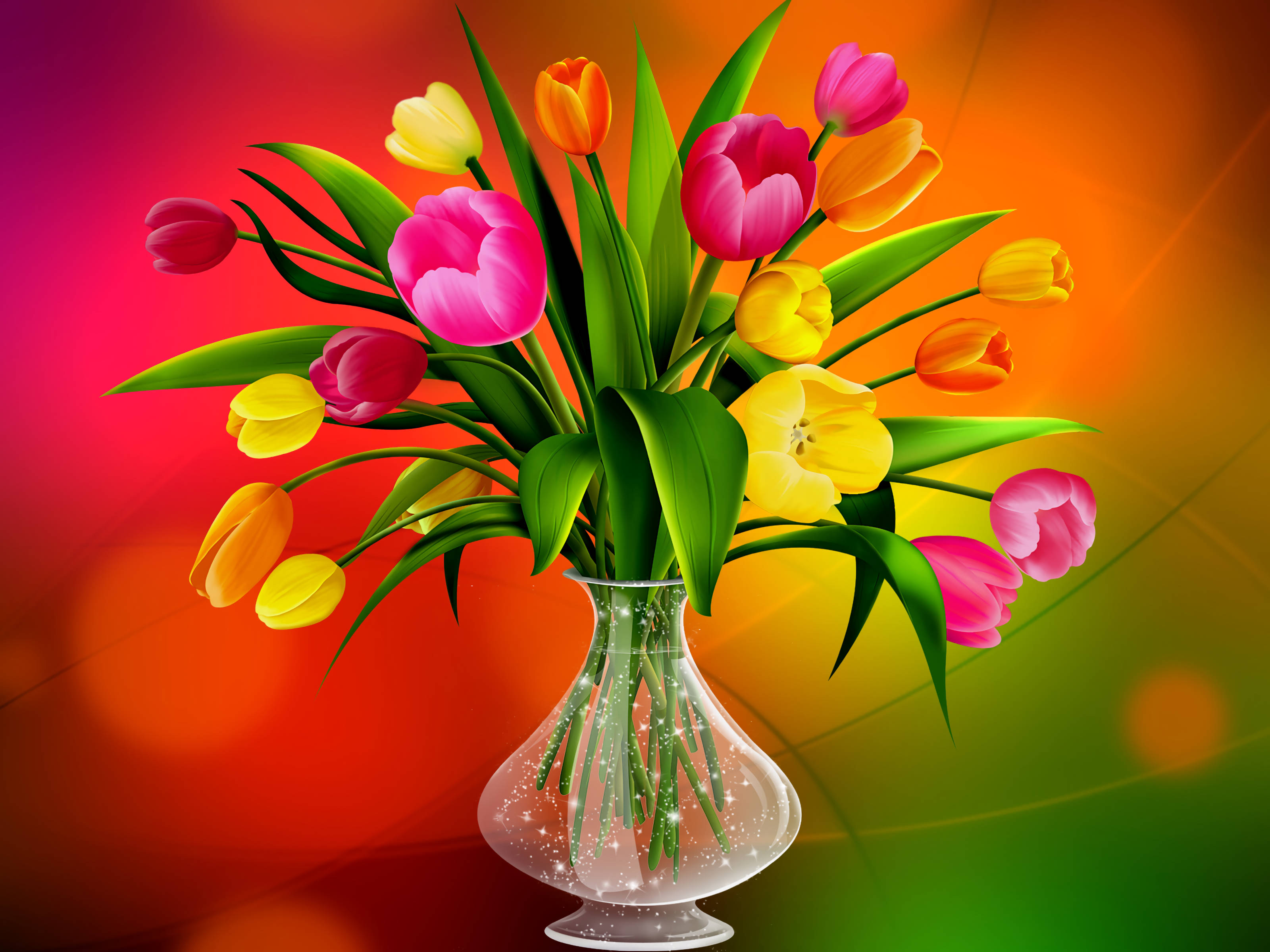 animated drooping tulips, flower vase, pink yellow and orange tulips, 2K Desktop Wallpaper