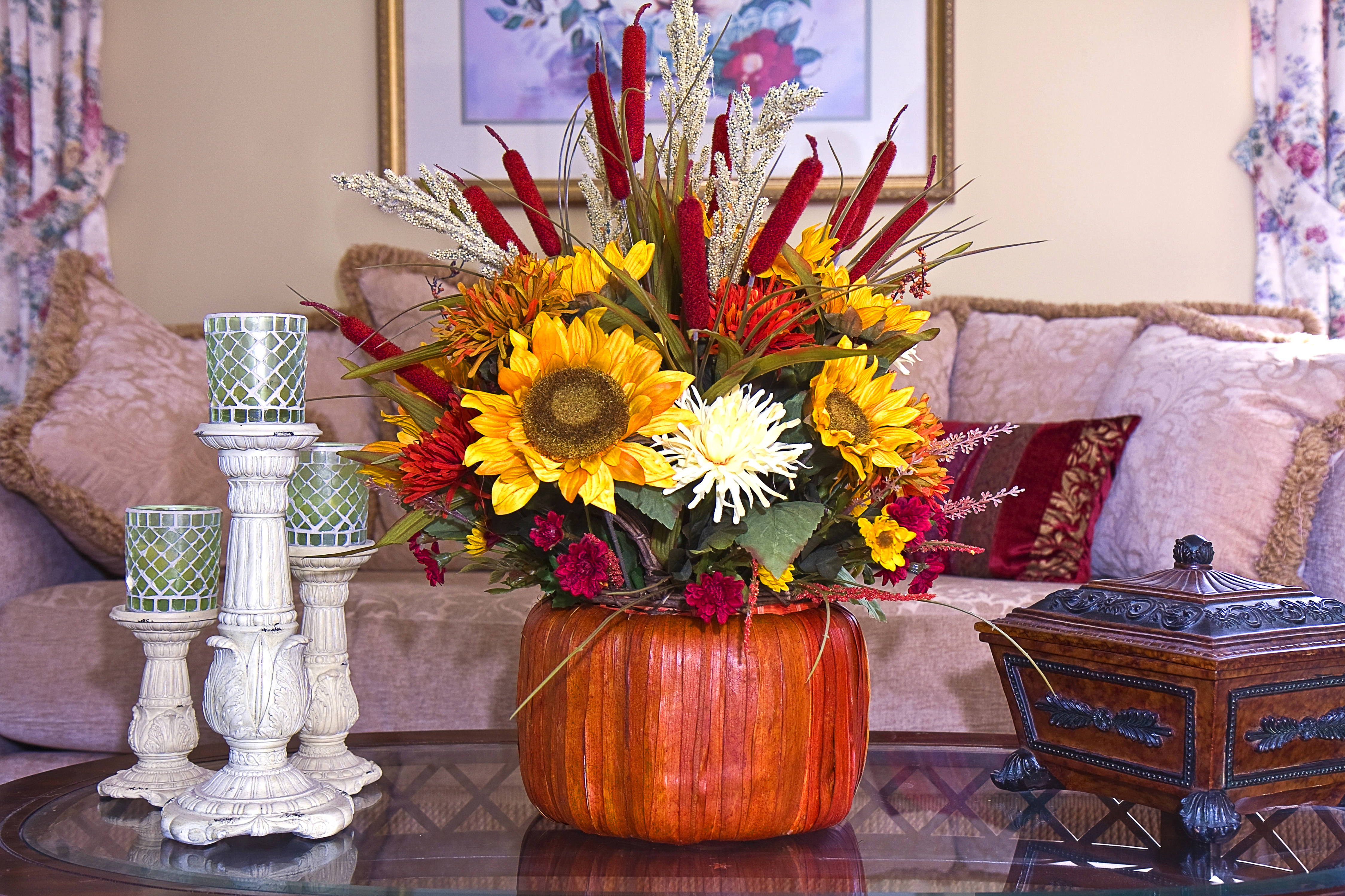 pumpkin vase, red and yellow flowers, glass table, 4K Desktop Wallpaper