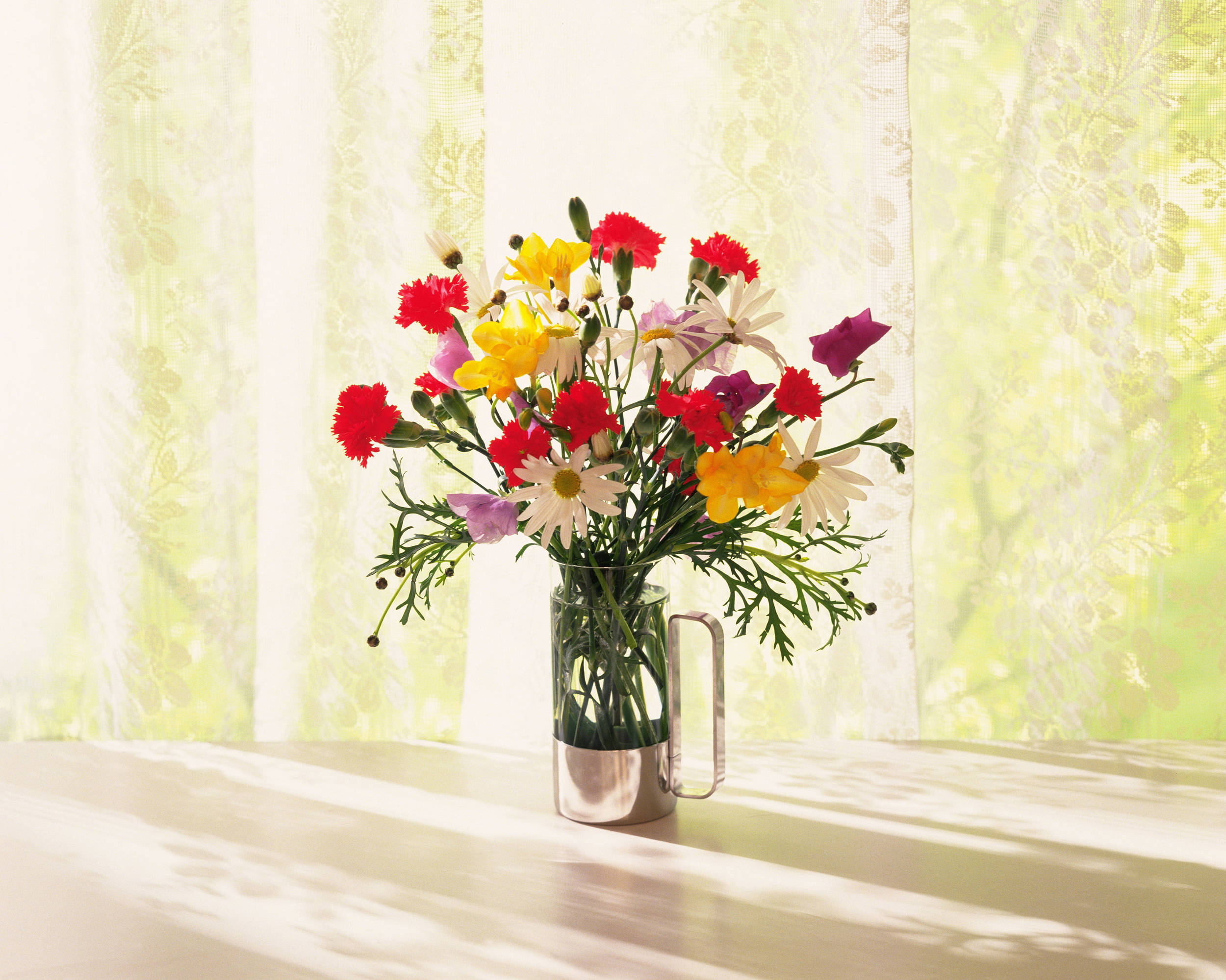 flower vase, glass vase, red yellow and purple flowers, Full HD Desktop Wallpaper
