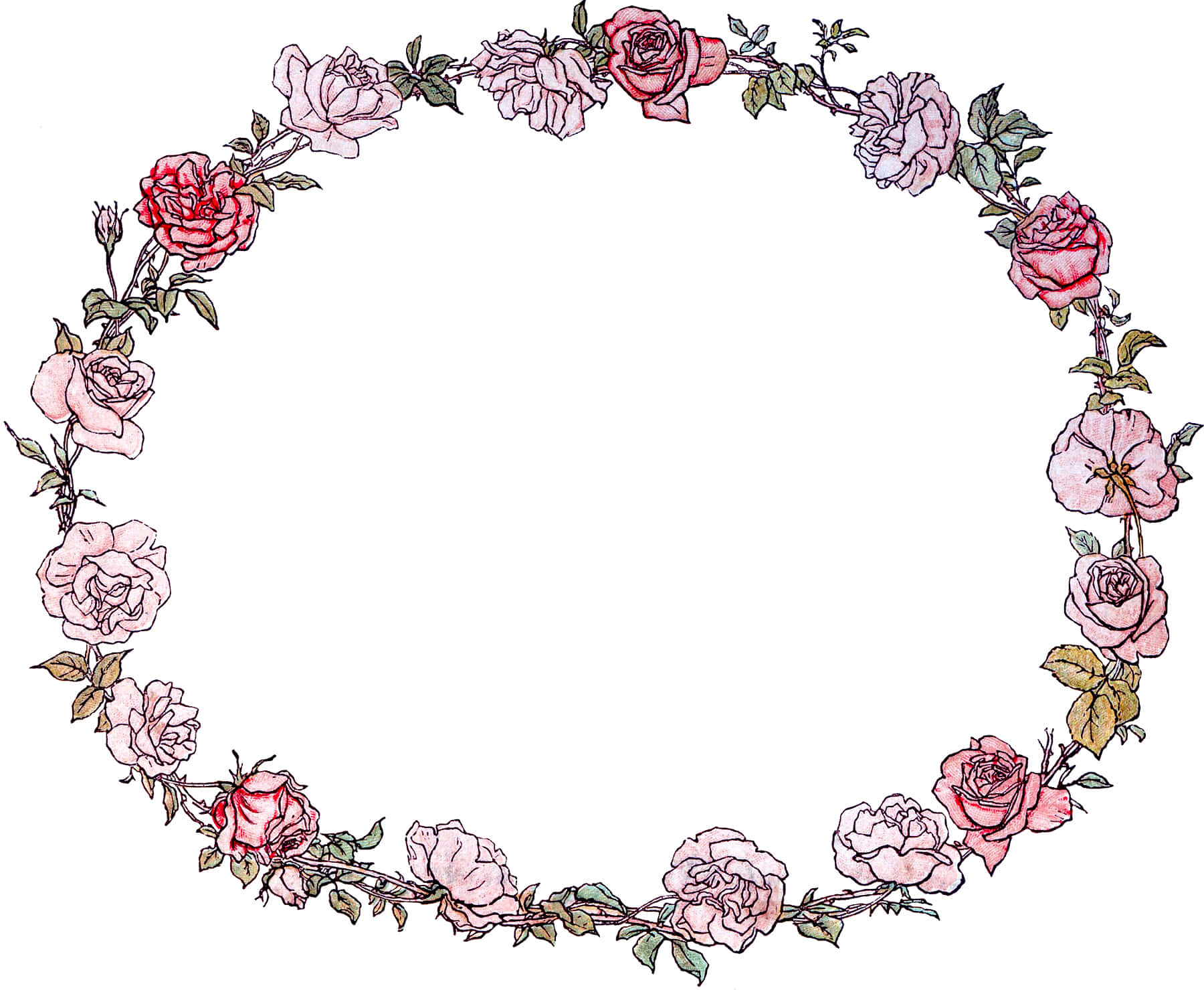 floral wreath, pink and red roses, green leaves, HD Desktop Wallpaper