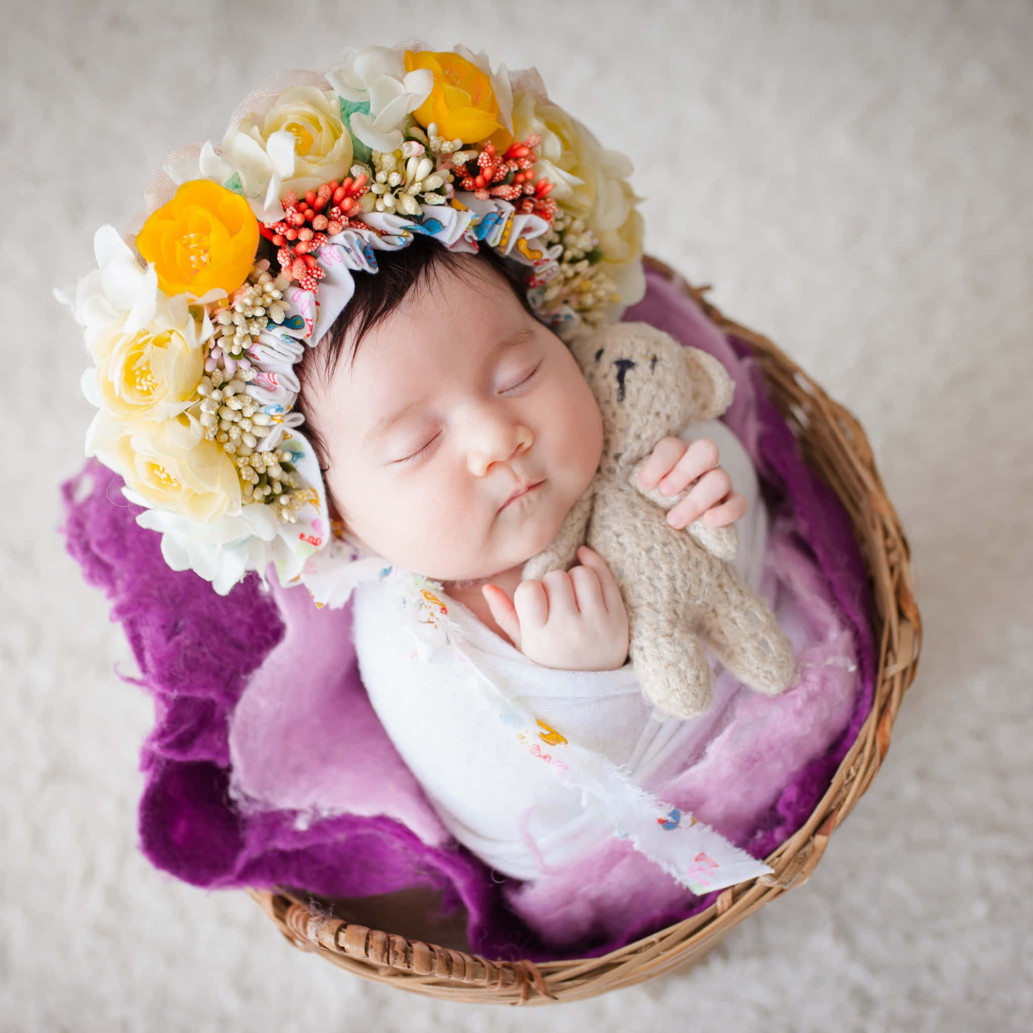 flower wreath, teddy bear, newborn, Full HD Desktop Wallpaper