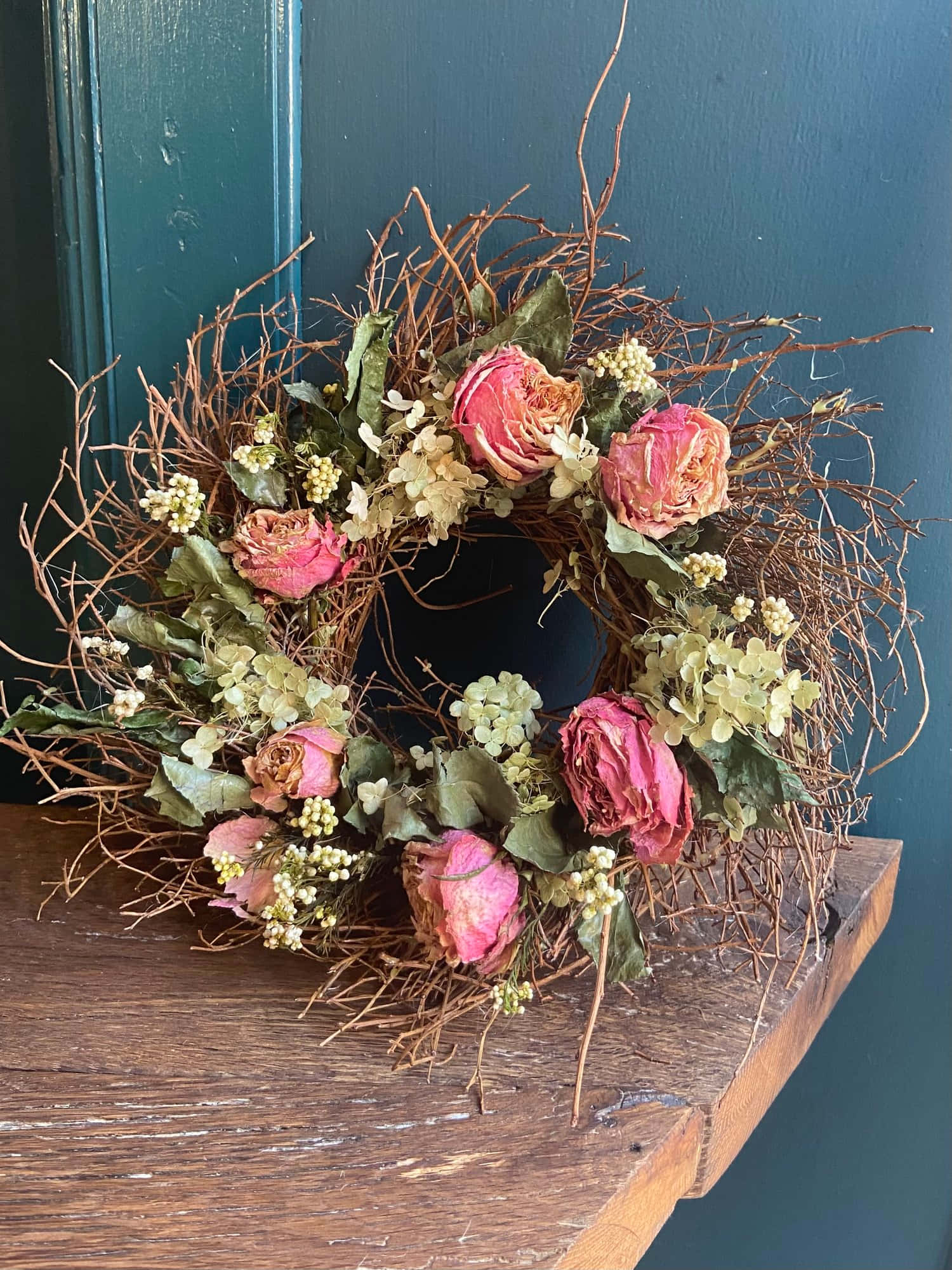 rustic floral wreathon, wooden shelf, teal wall, Full HD Phone Wallpaper