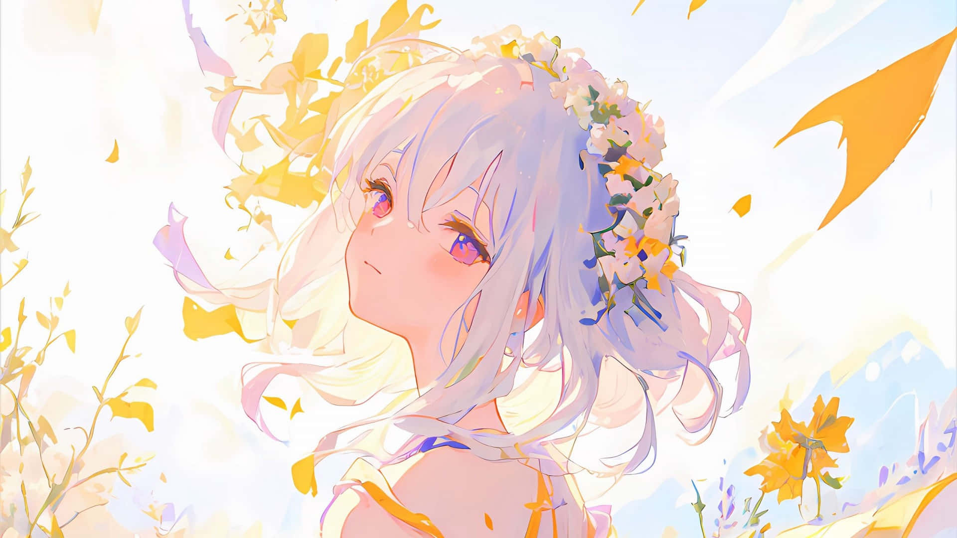 Sunny Flower Wreath Girl Anime Art, silver hair, floral crown, Full HD Desktop Wallpaper
