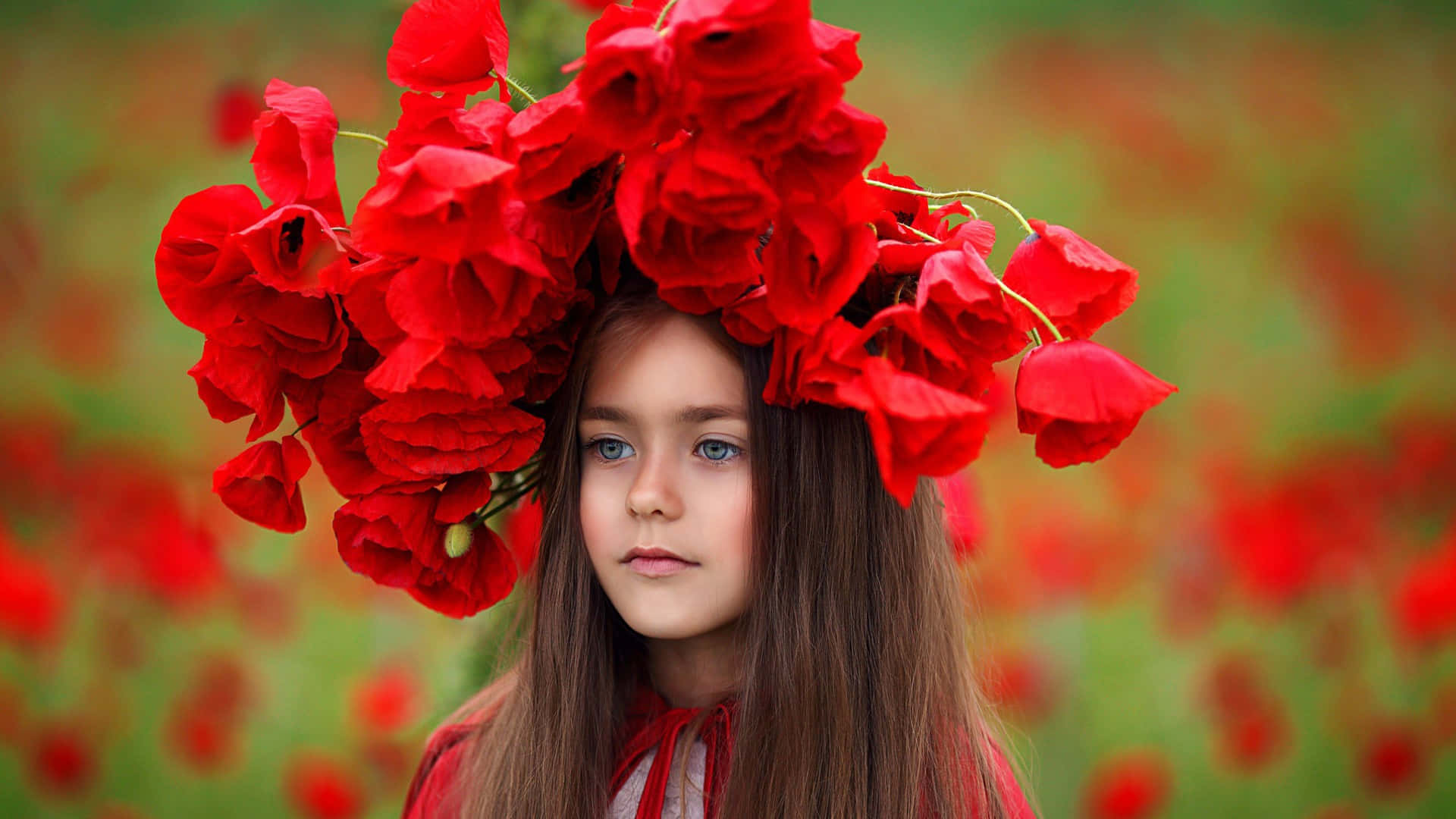 girl with red flower wreath, vivid red poppies, blue eyes, Full HD Desktop Wallpaper