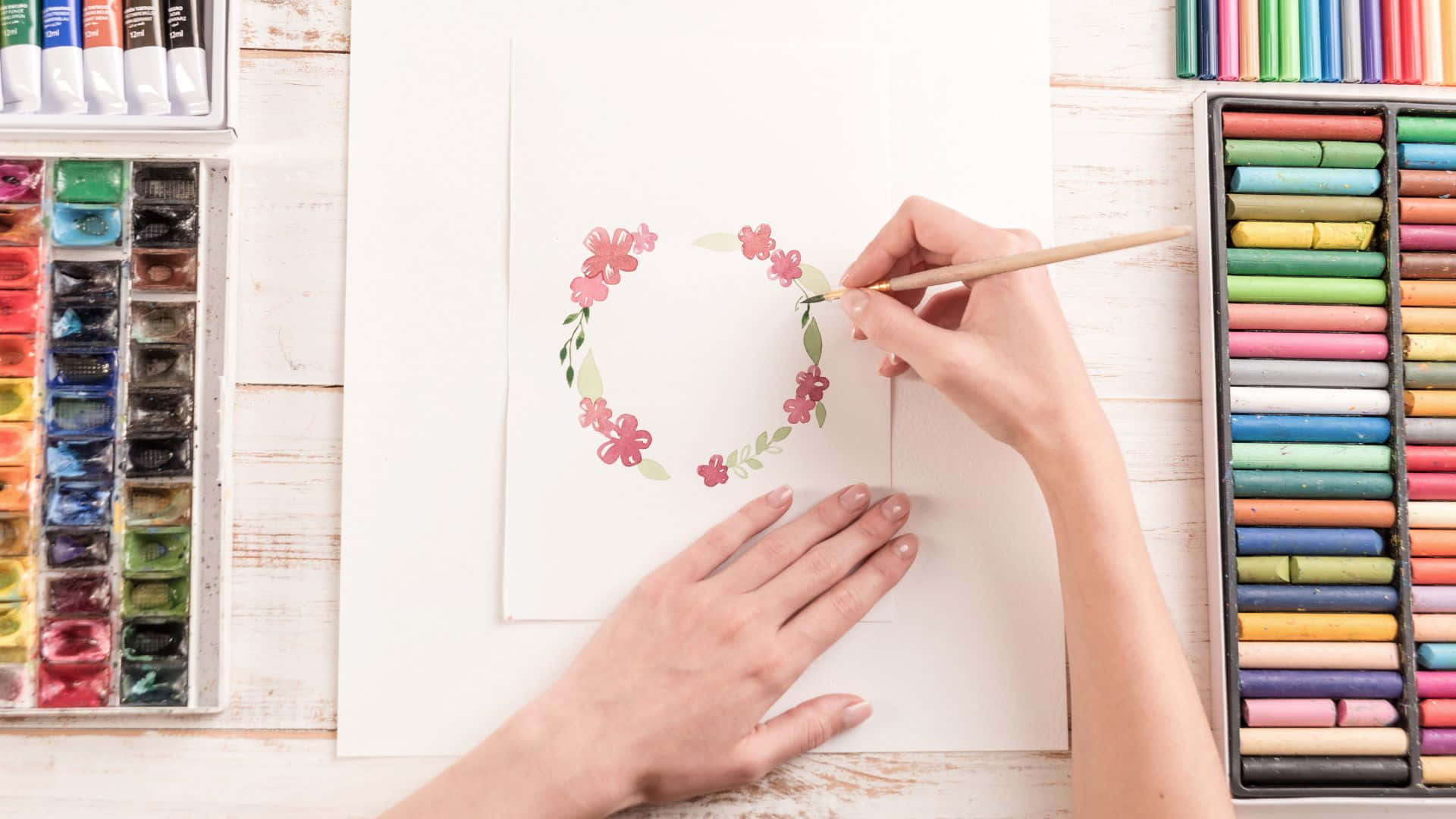 flower wreath, watercolors, white paper, Full HD Desktop Wallpaper