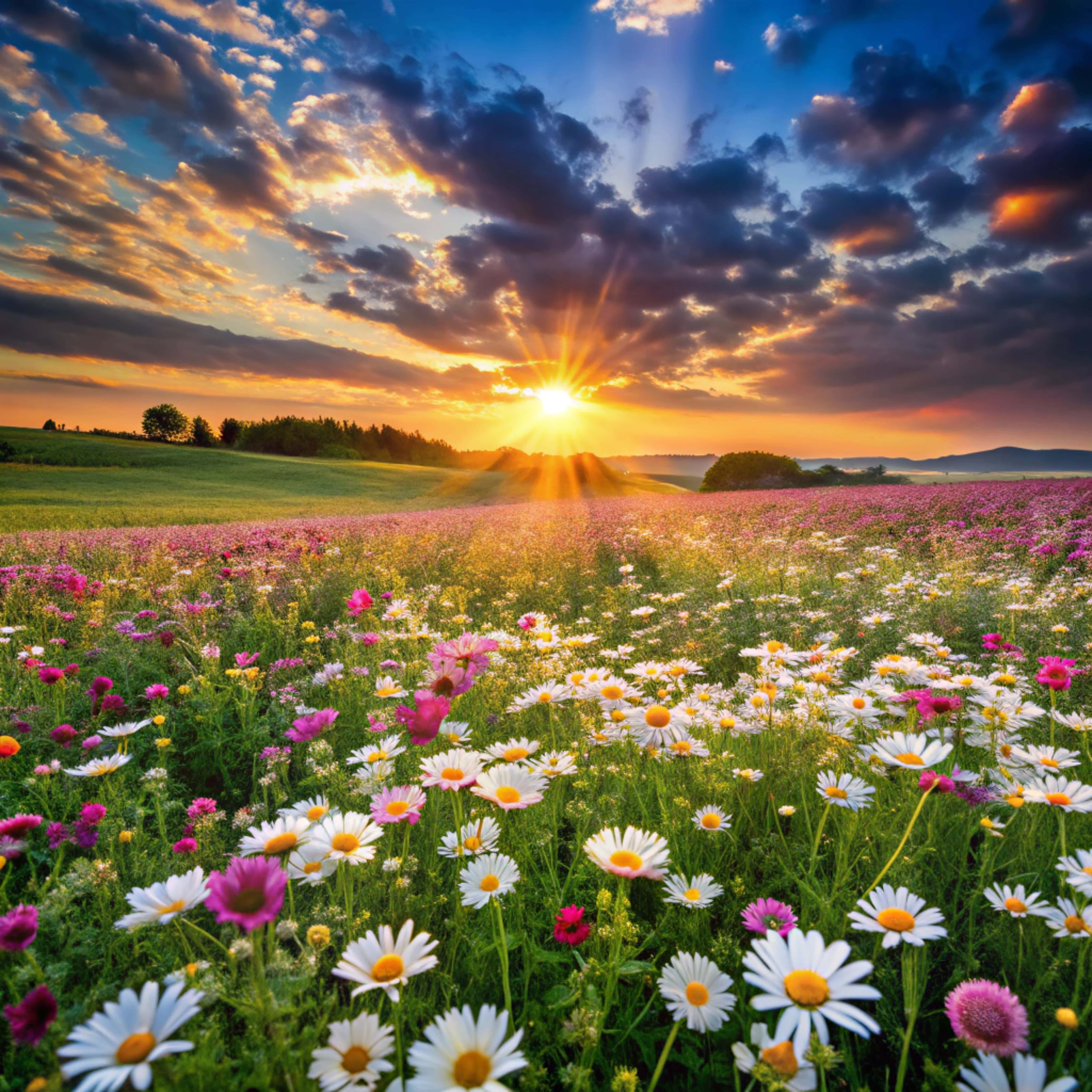 Sunset, pink and white wildflowers, vibrant field, 8K Desktop Wallpaper