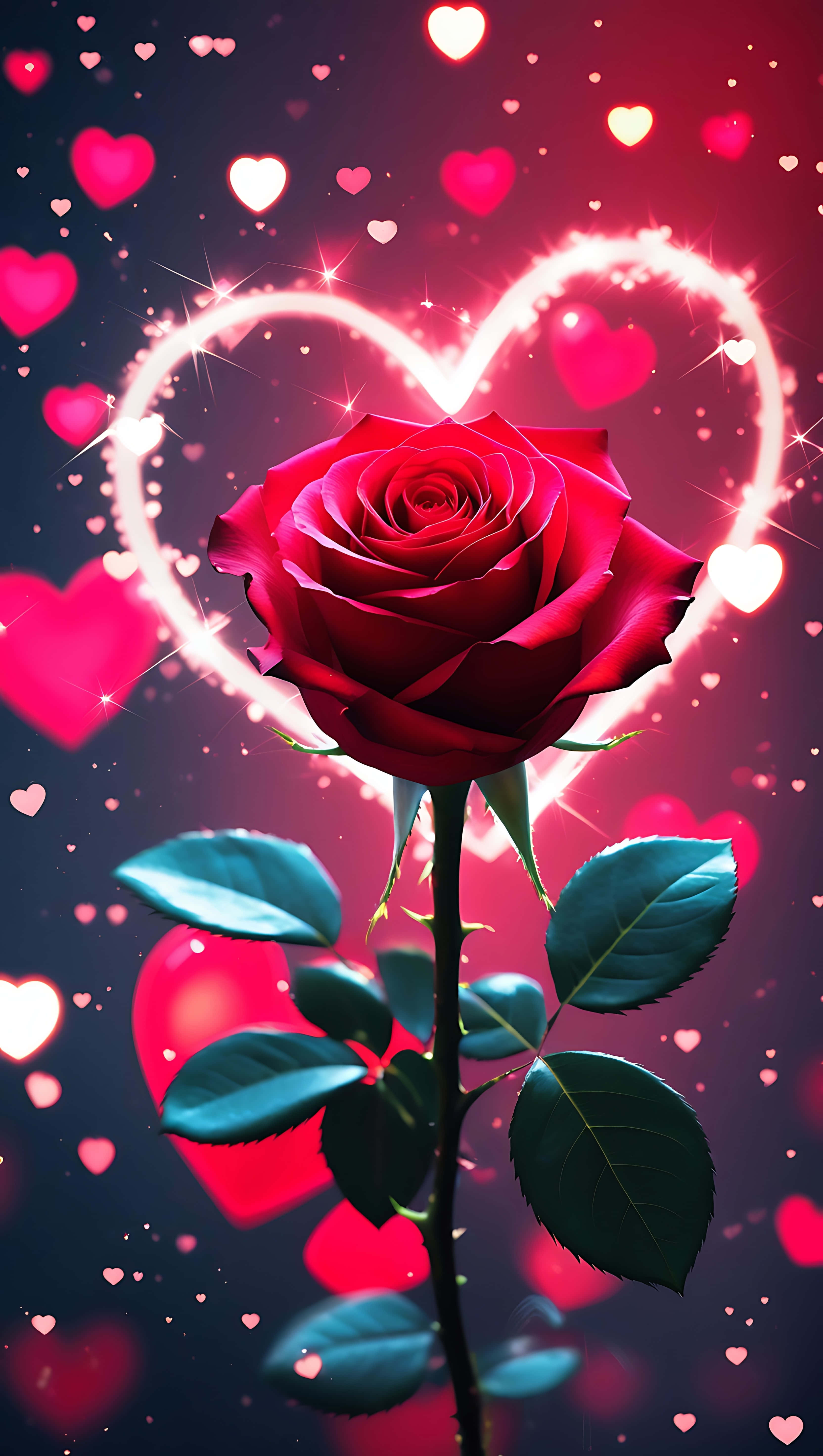 red rose, glowing heart outline, floating pink hearts, 5K Phone Wallpaper