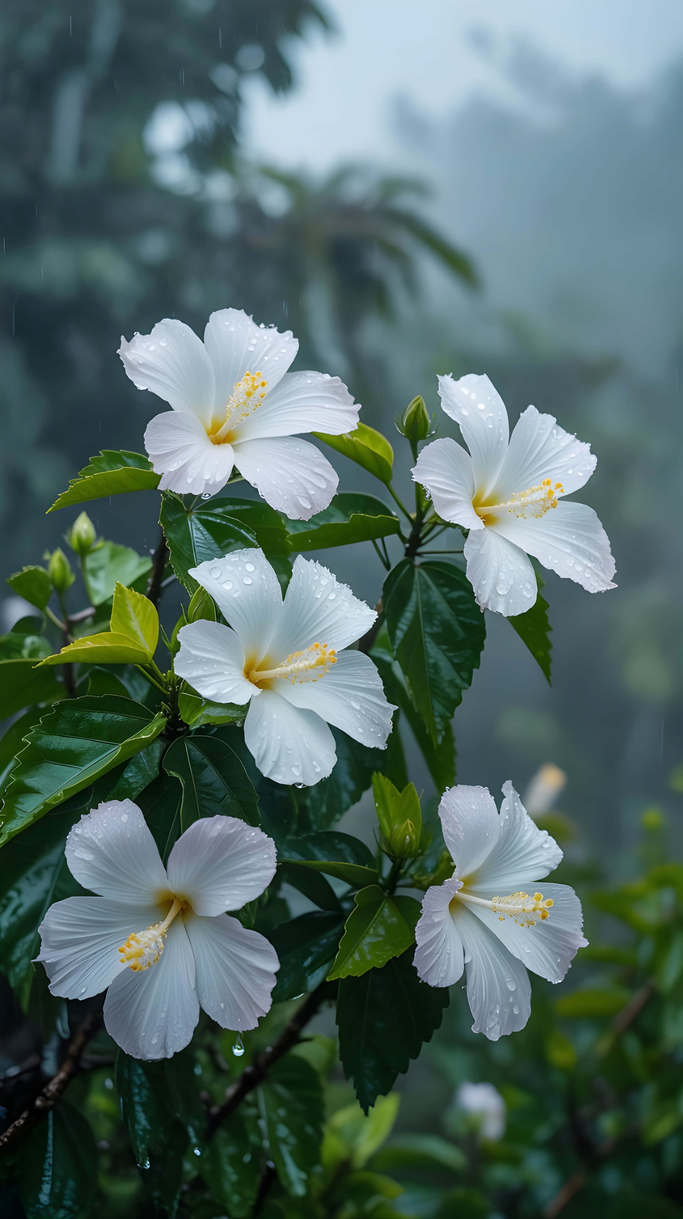 white hibiscus flowers, yellow centers, dewdrops, 4K Phone Wallpaper