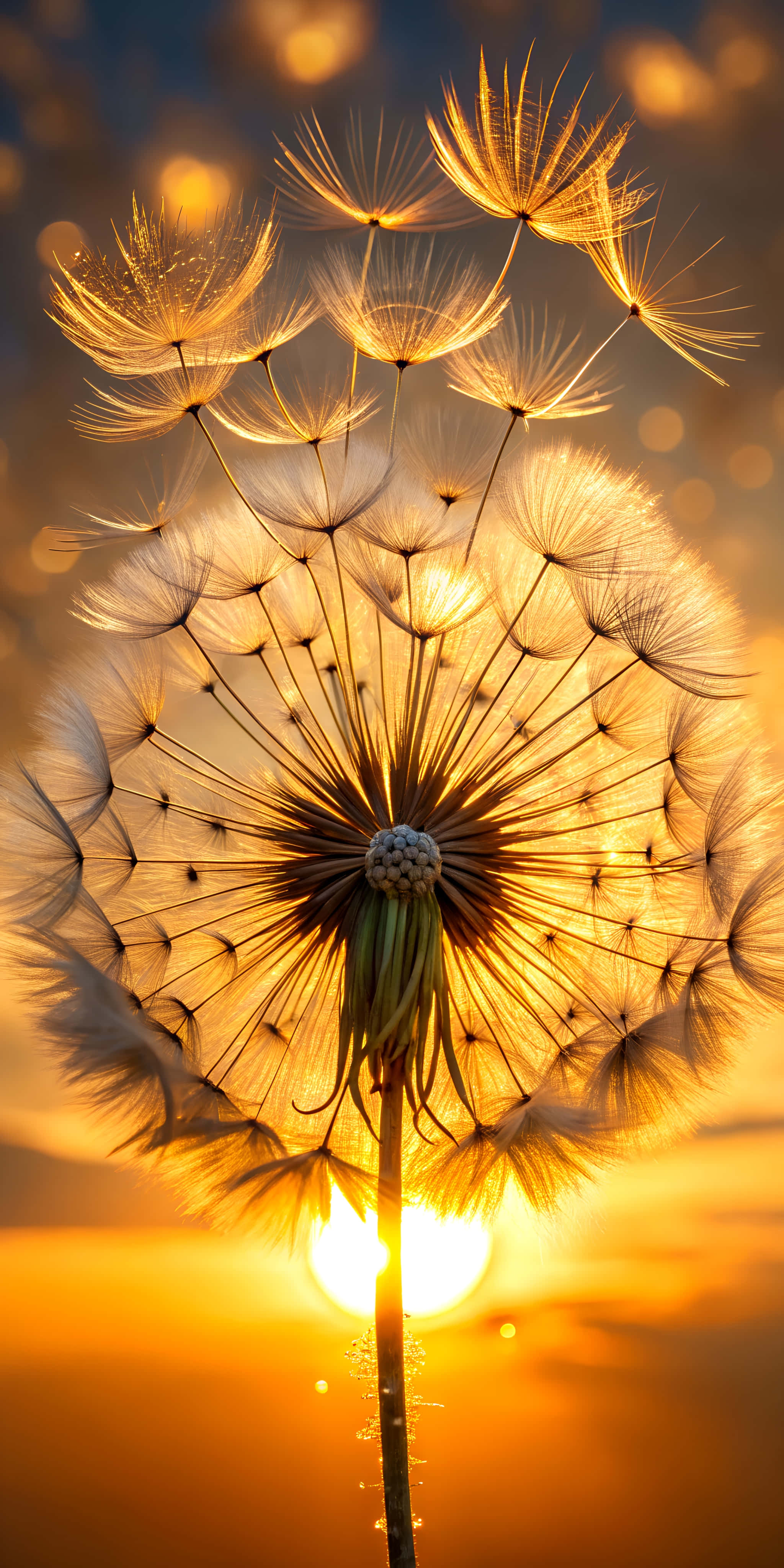 dandelion seed head, golden hour light, golden sunset, 4K Phone Wallpaper