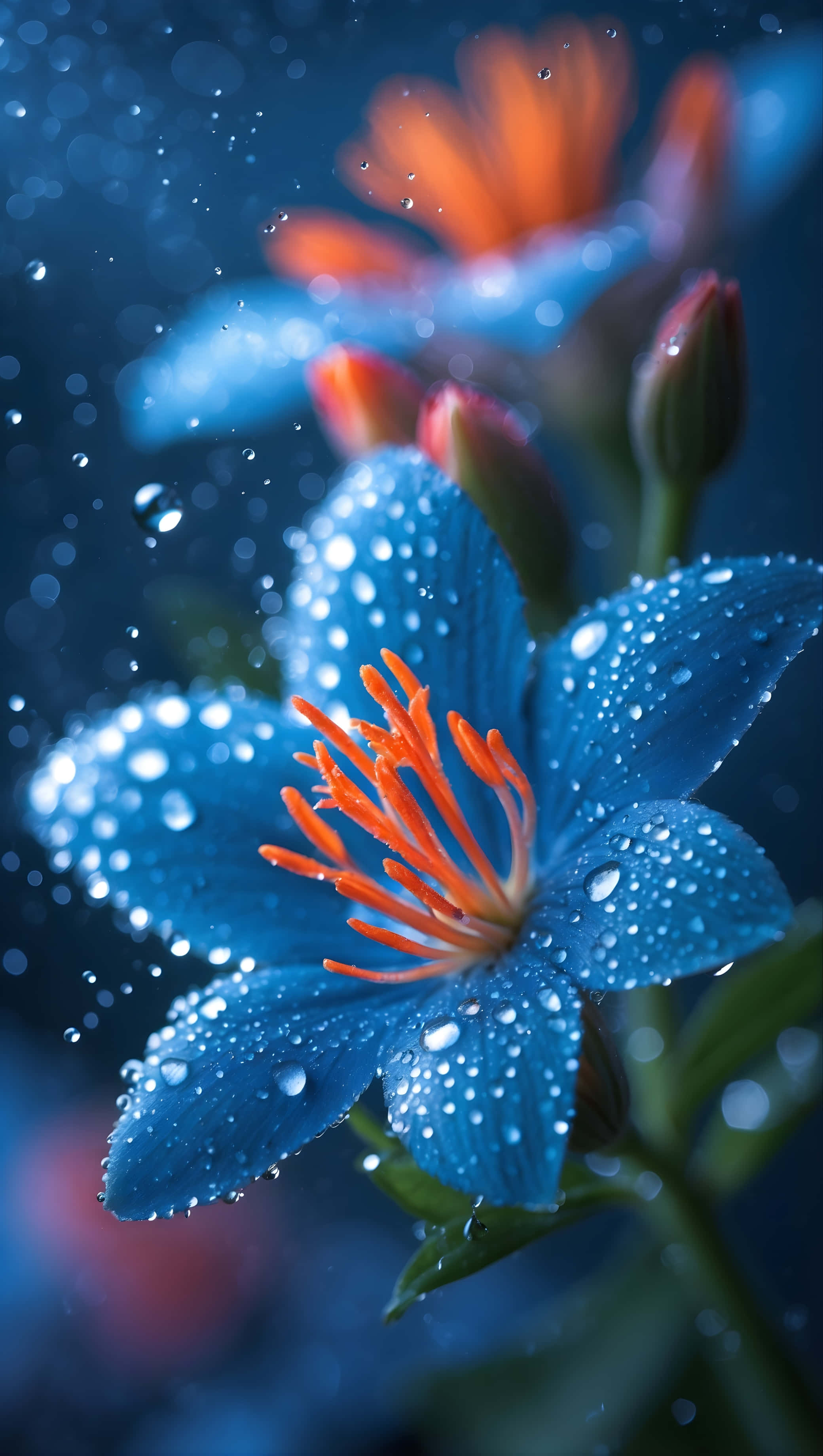 blue bloom, orange center, water droplets, 2K Phone Wallpaper