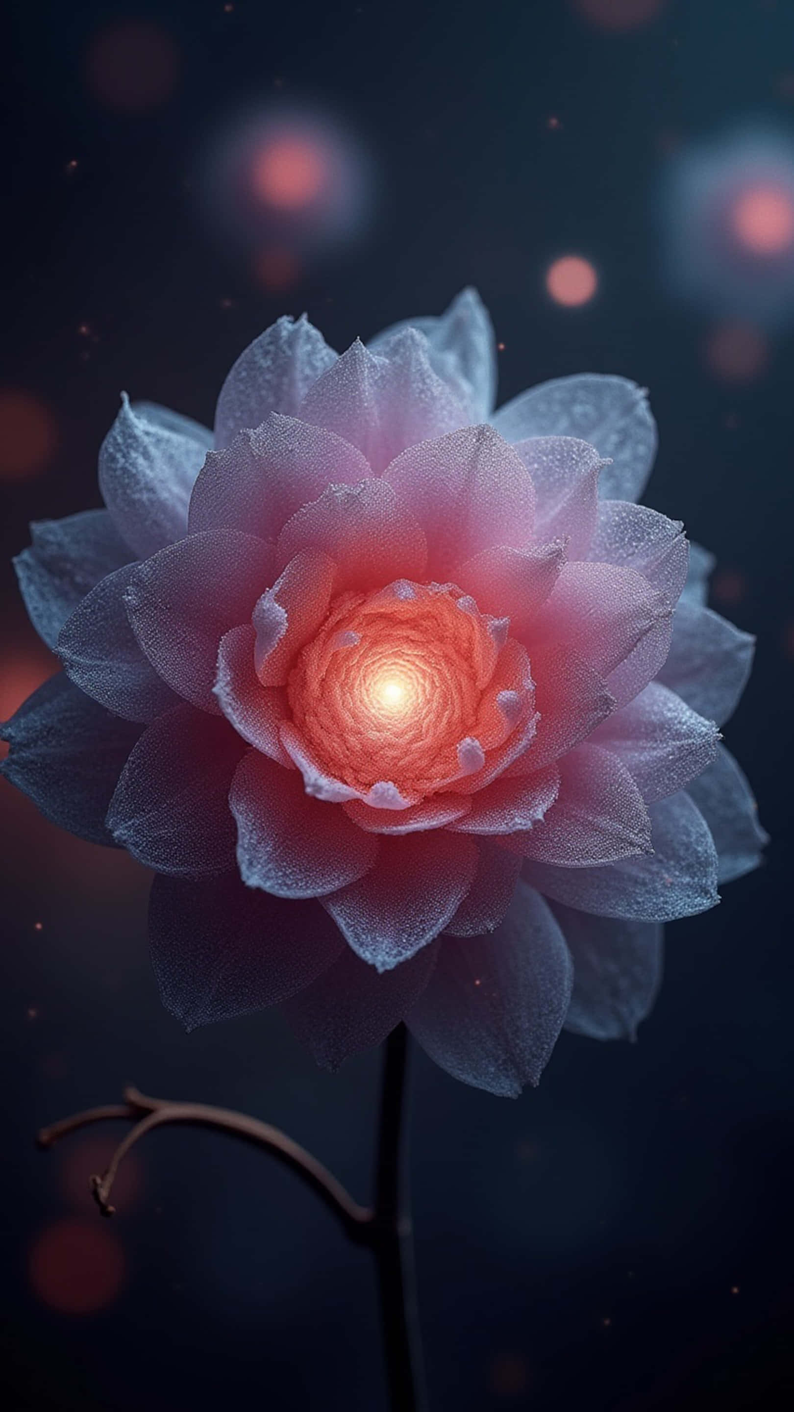 luminous pink lotus, glowing orange center, dark backdrop, 2K Phone Wallpaper