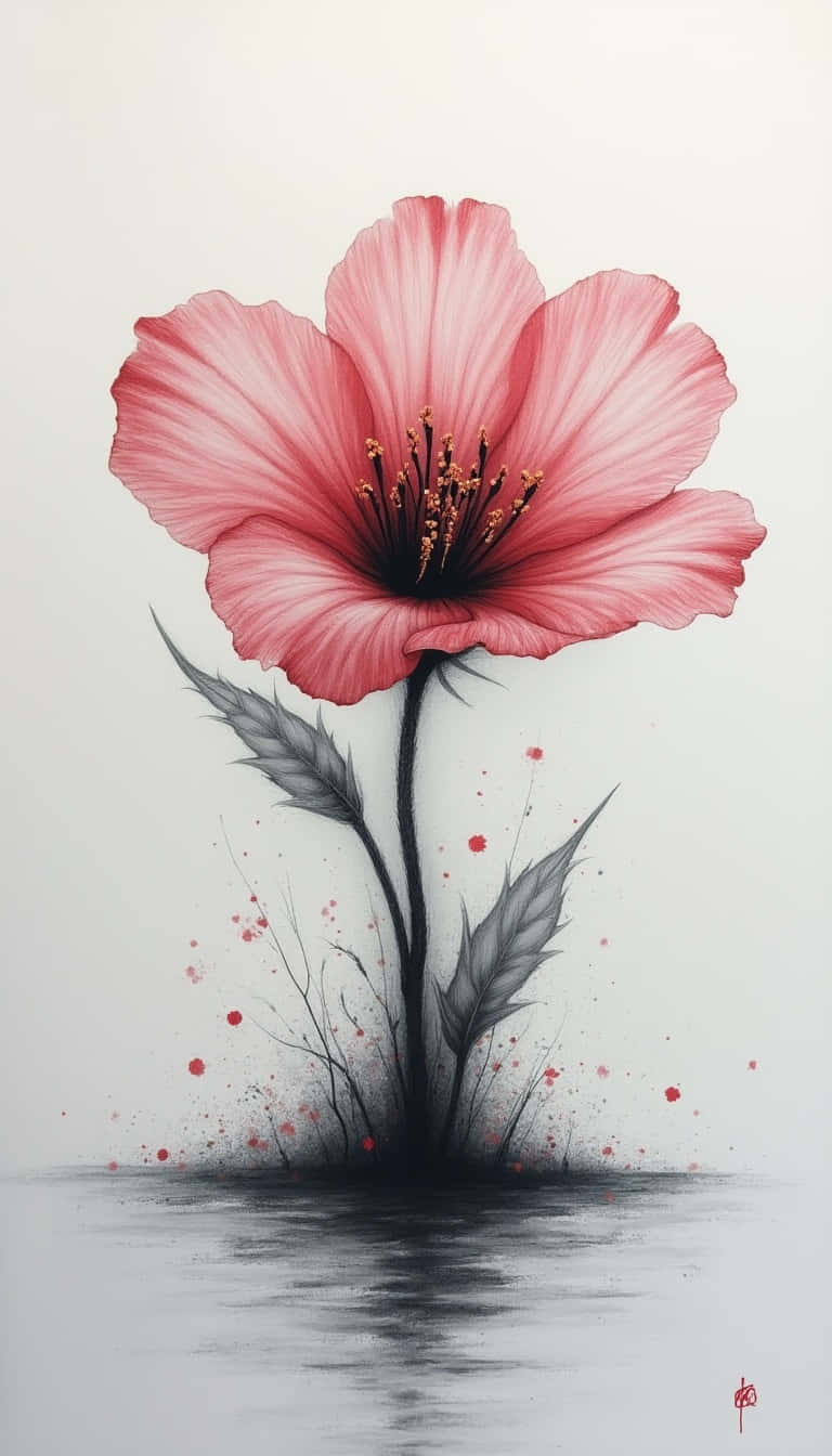 vibrant pink poppy, black ink stems, red splatters, HD Phone Wallpaper