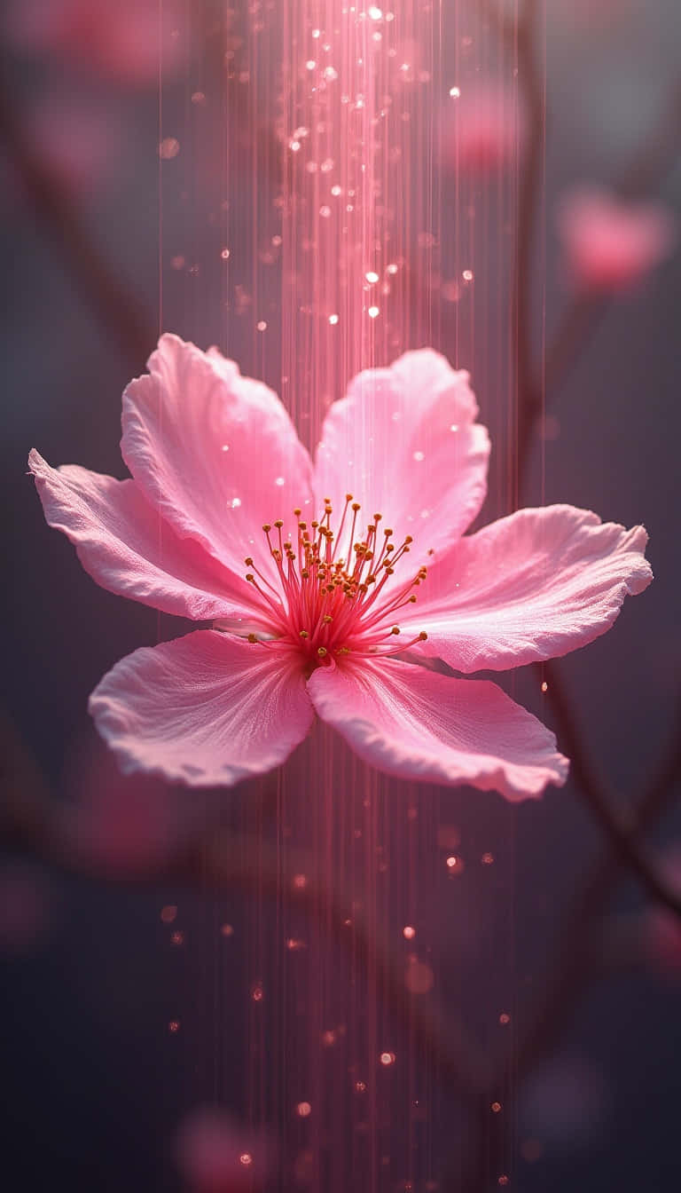 pink cherry blossom, cascading light beams, sparkling particles, HD Phone Wallpaper