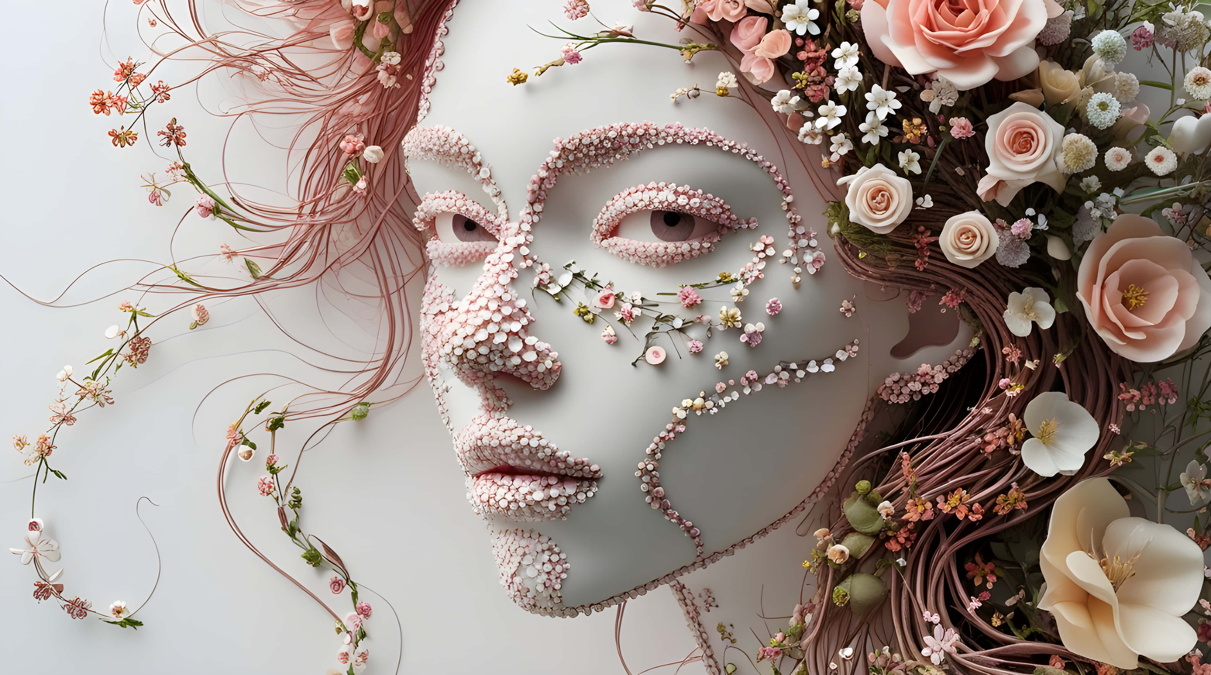 flowers girl, white face, pink and white flowers, 4K Desktop Wallpaper