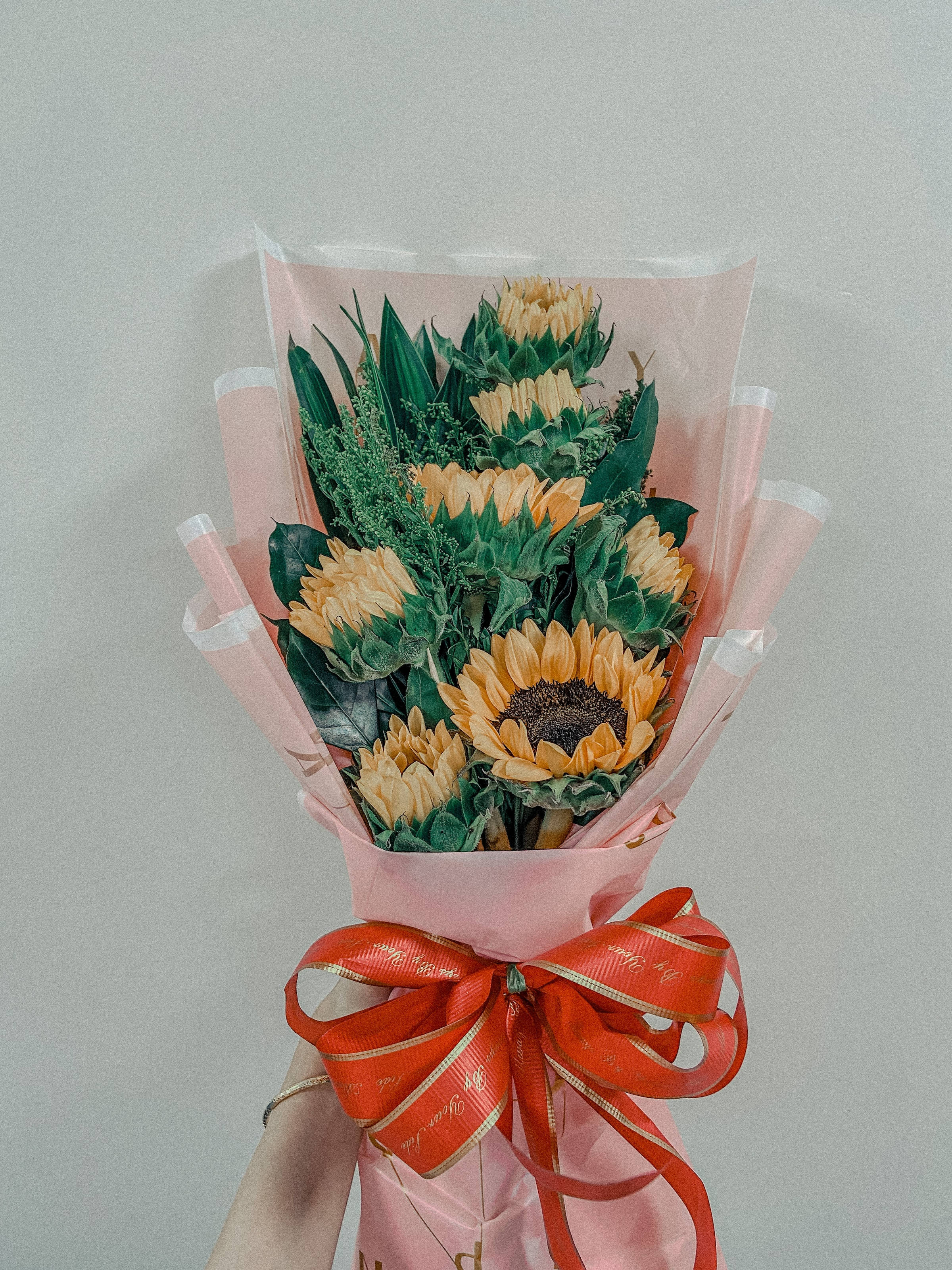 sunflower, pink paper, red ribbon, 2K Phone Wallpaper