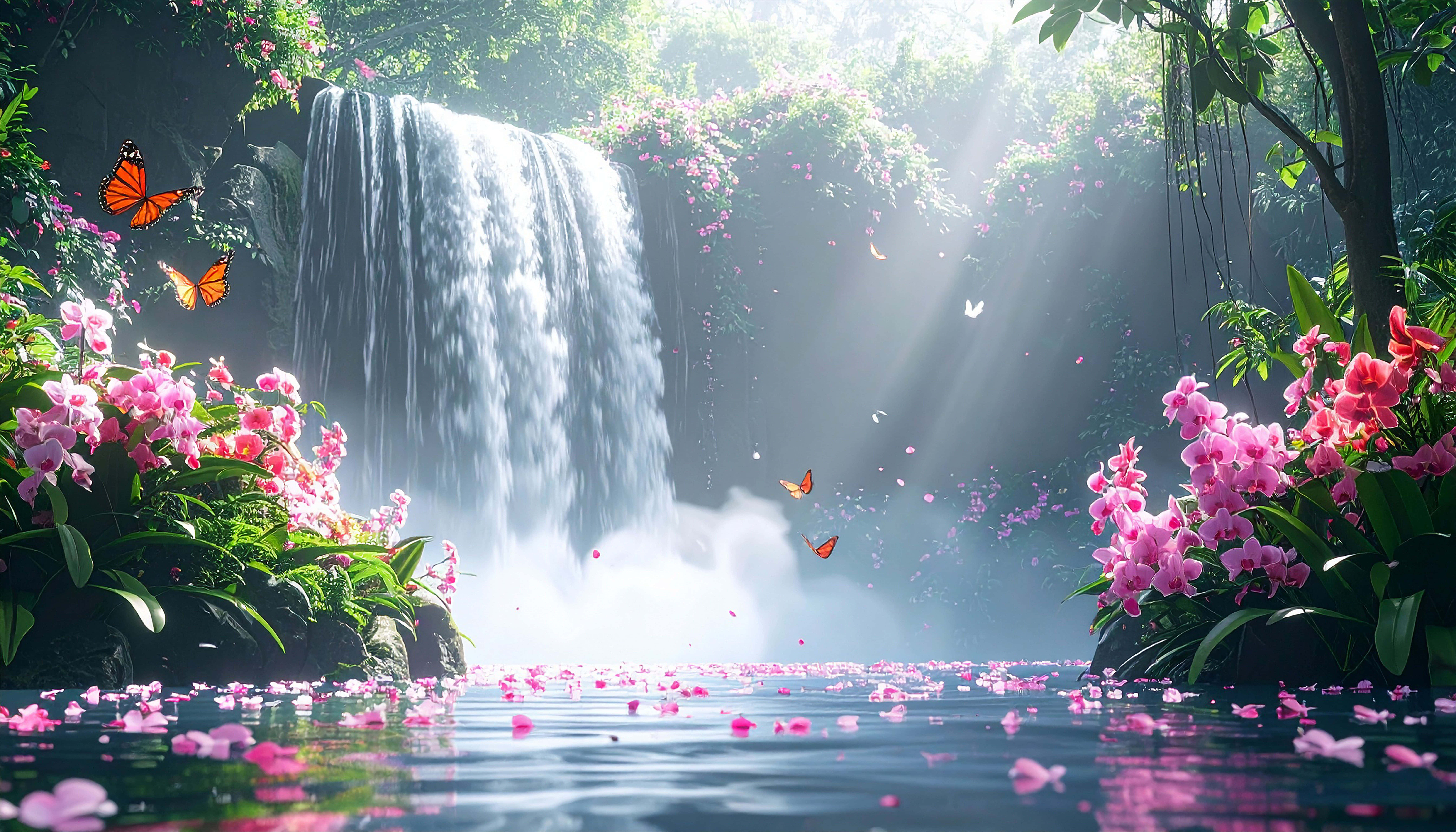 floral cascade, vibrant pink orchids, fluttering orange butterflies, 8K Desktop Wallpaper