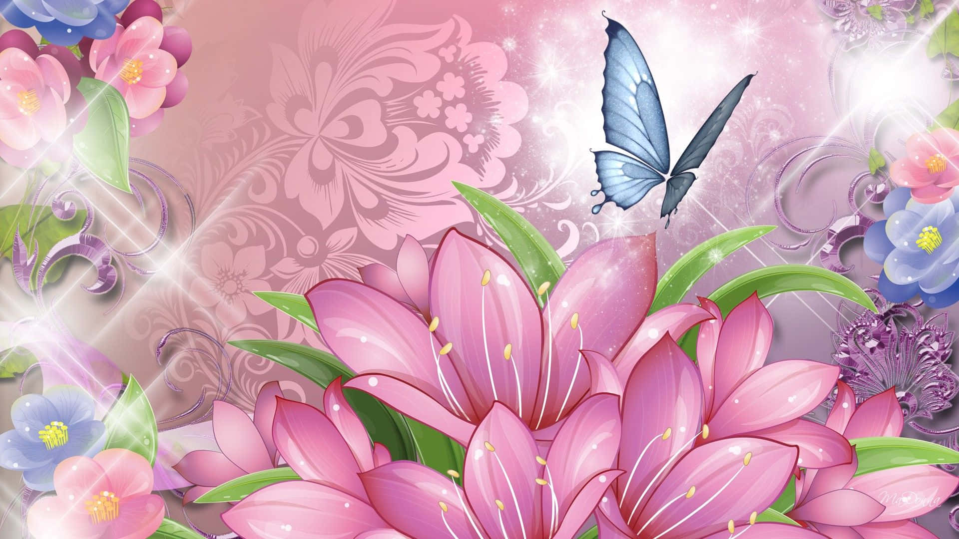 Flowers And Butterflies, pink lilies, blue butterflies, Full HD Desktop Wallpaper