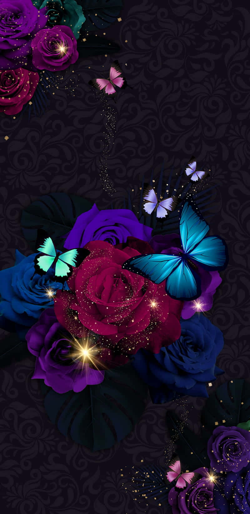 Sparkling Floraland Butterflies, vibrant purple and blue roses, glowing butterflies, HD Phone Wallpaper