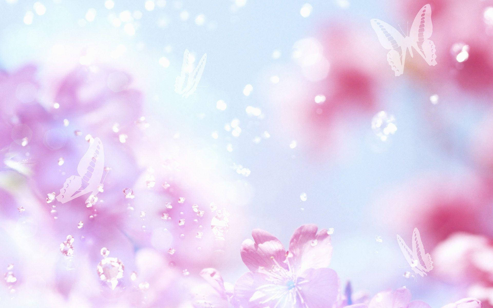 soft pink cherry blossoms, pastel sky, translucent butterflies, Full HD Desktop Wallpaper