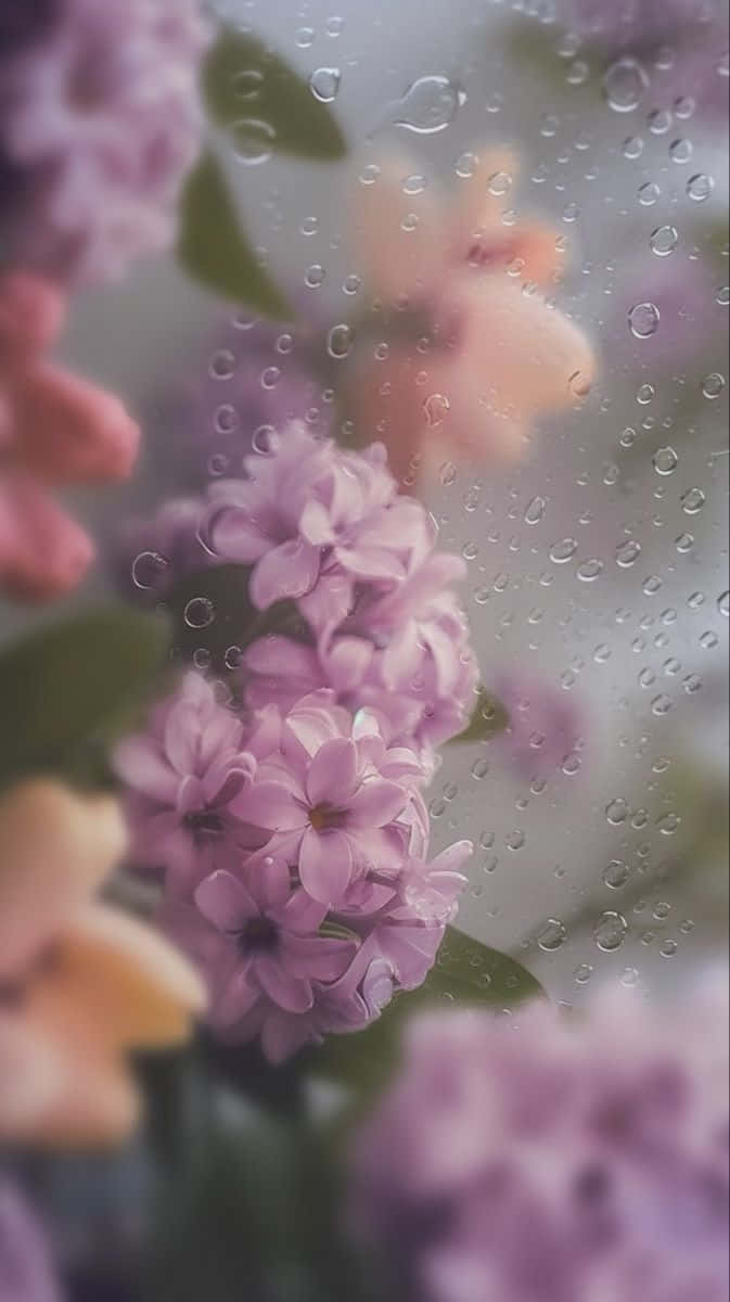 rainy lilac reflections, pink lilac blooms, rain-speckled window, SD Phone Wallpaper