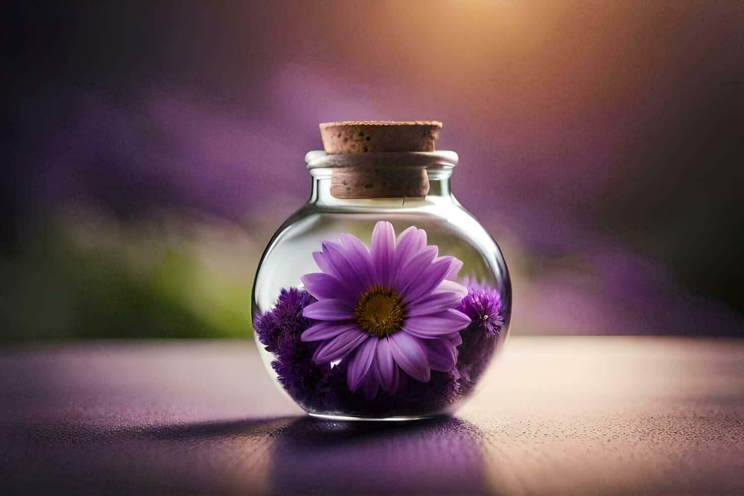 purple daisy, yellow center, clear glass jar, HD Desktop Wallpaper