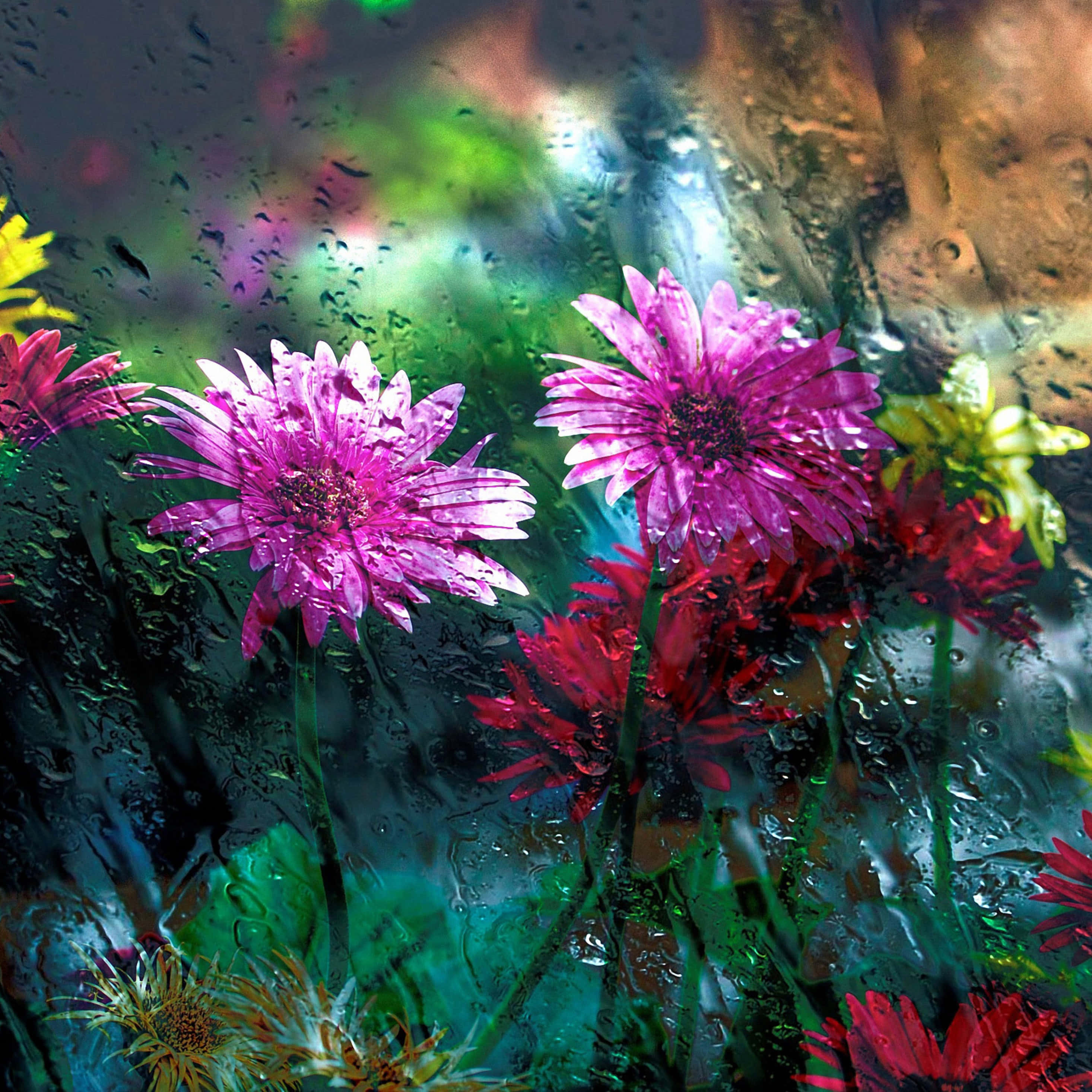 rain kissed flowers behind glass, vibrant pink and red gerbera daisies, rain-splattered window, 2K Desktop Wallpaper