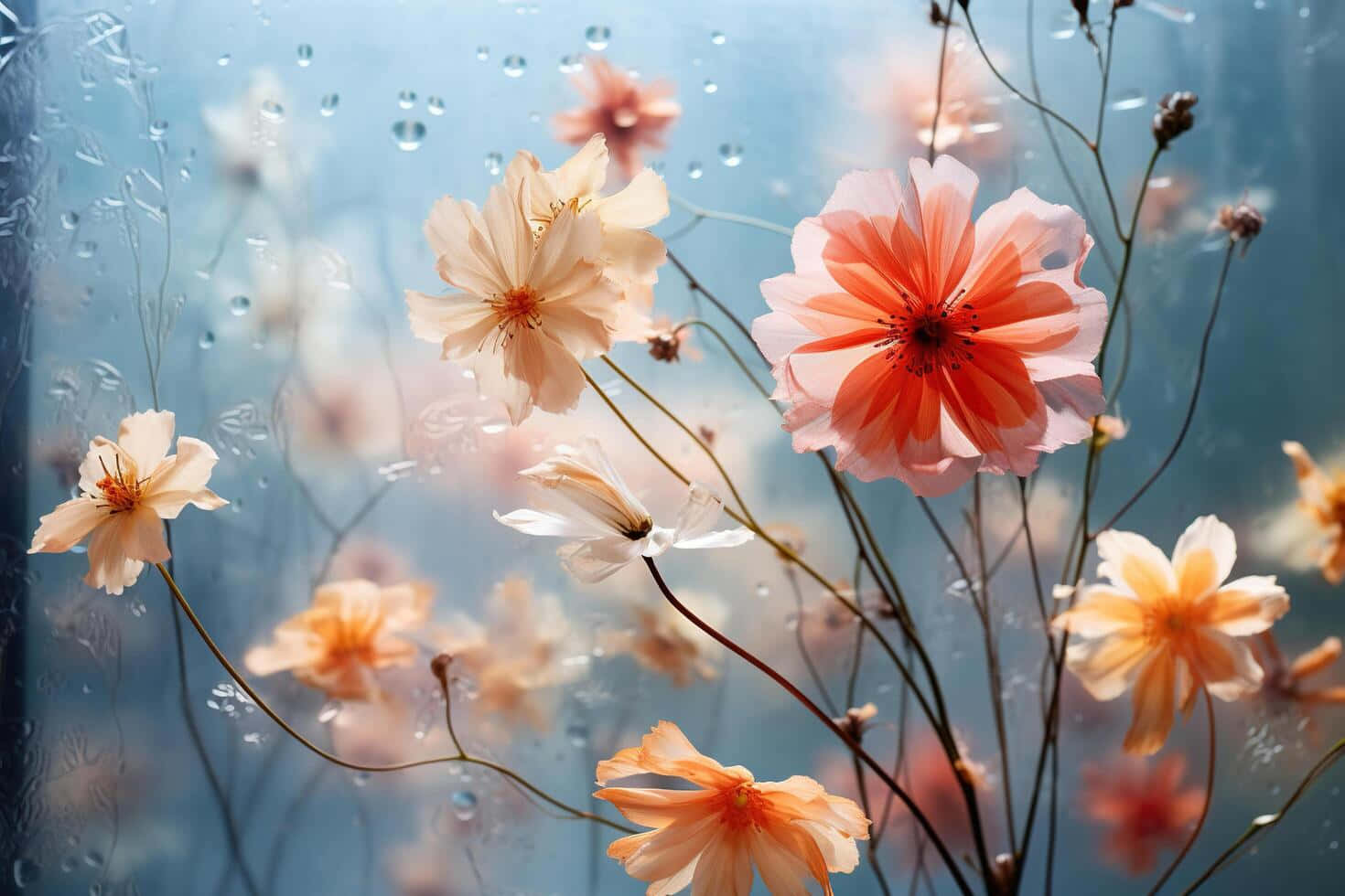 misty floral display, peach, coral, HD Desktop Wallpaper