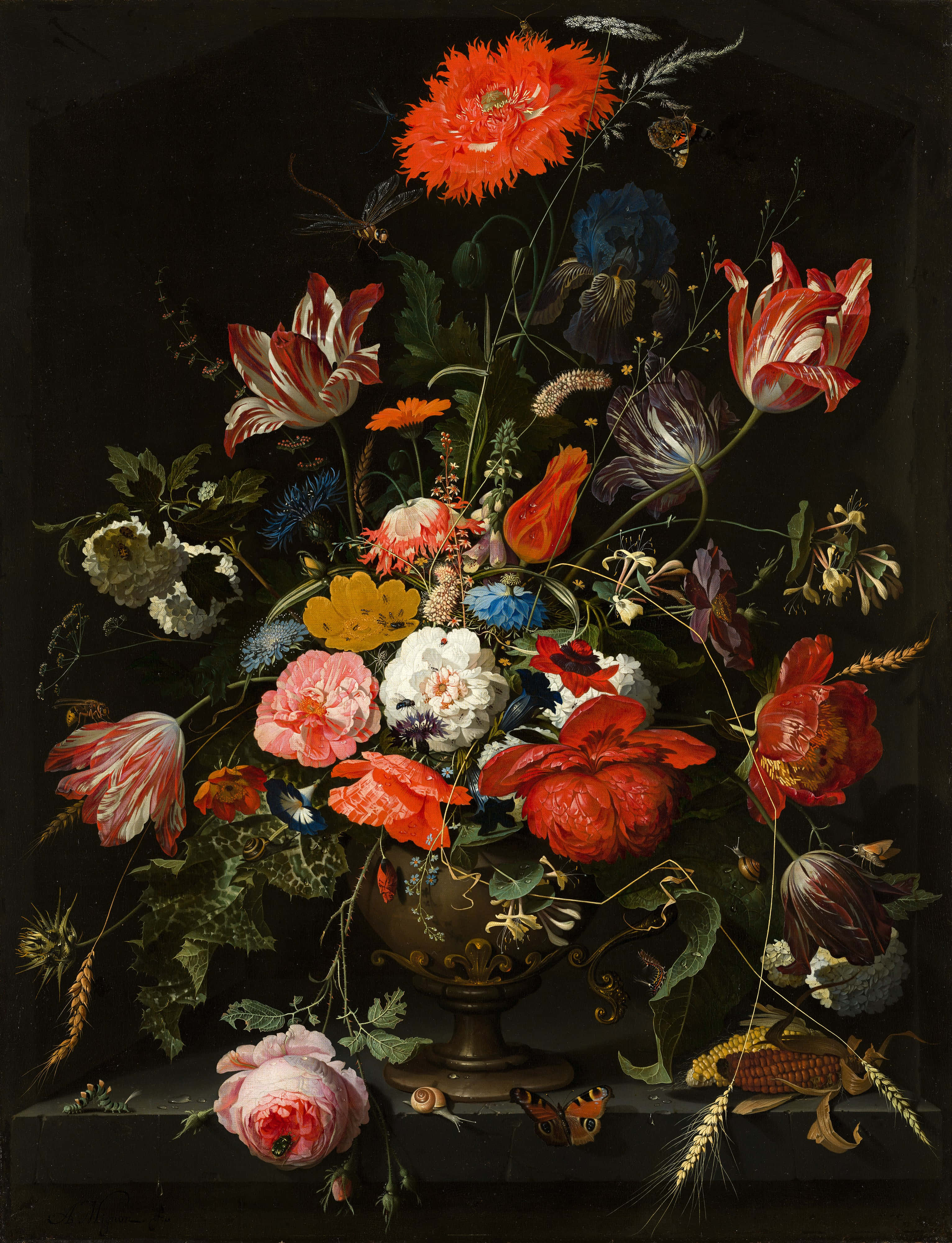 flowers in glass vase, gilded vase, vibrant tulips poppies, 4K Phone Wallpaper
