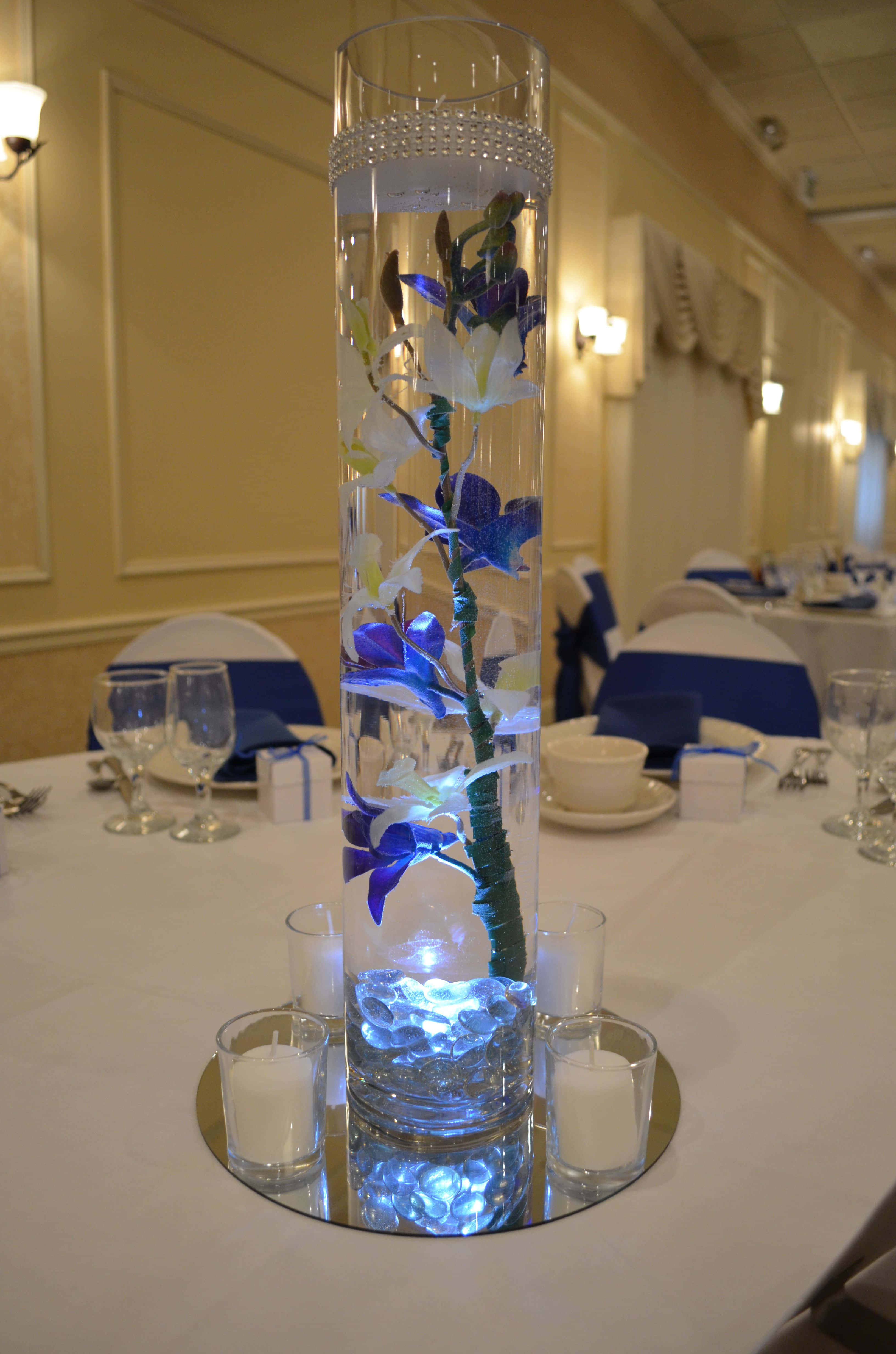 centerpiece, glass cylinder, blue and white orchids, 4K Phone Wallpaper