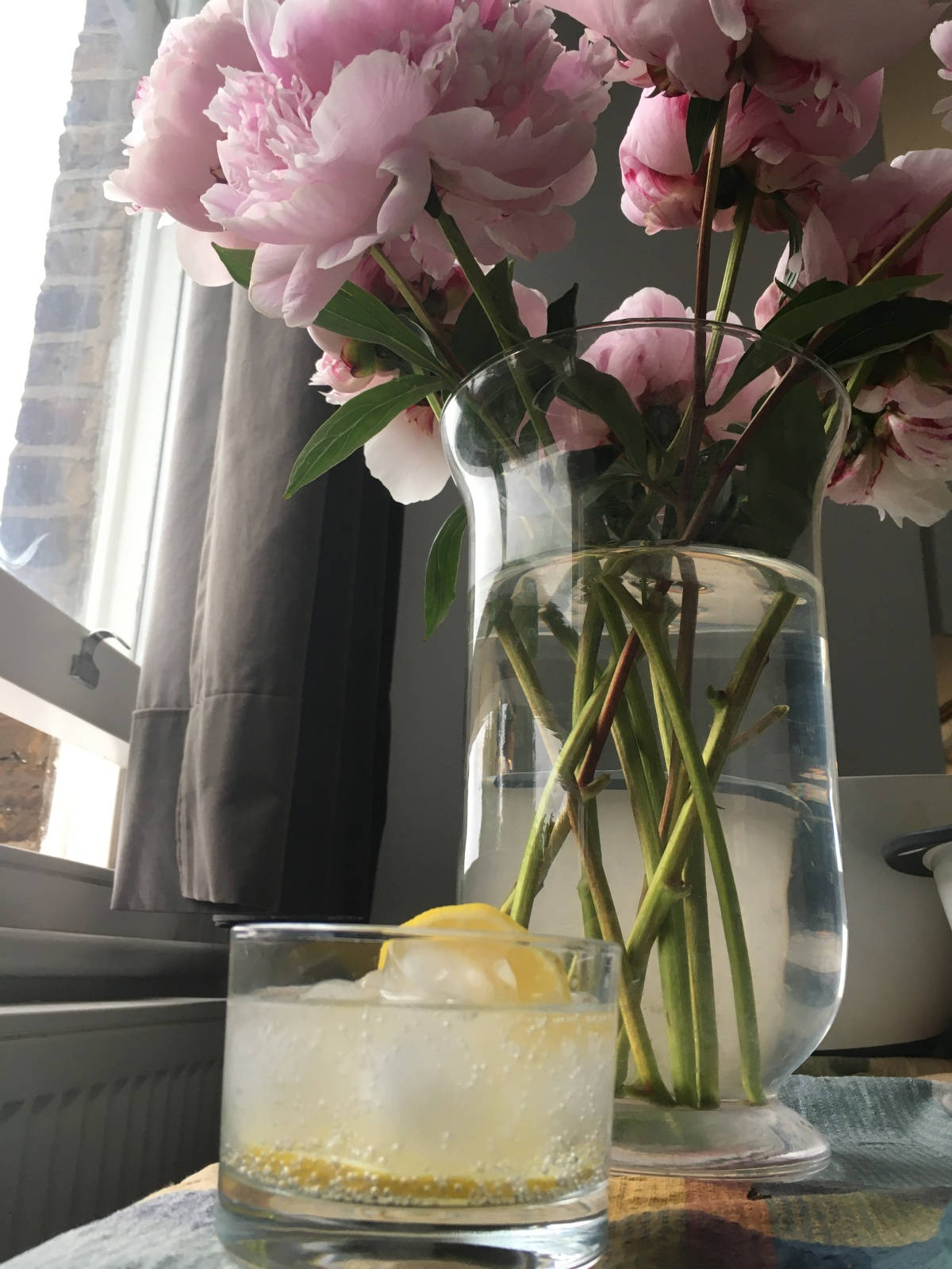 pink peonies, glass vase, lemon-garnished cocktail, HD Phone Wallpaper