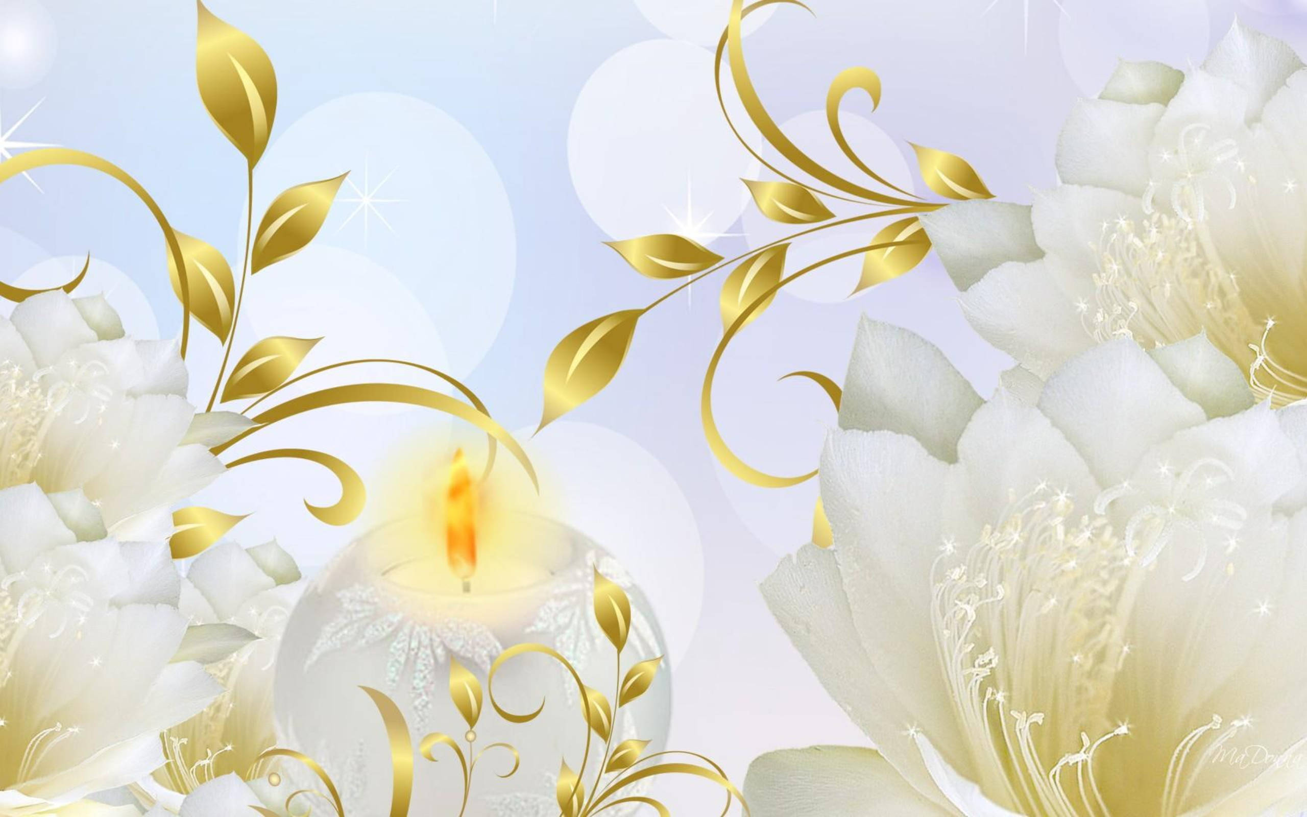 2k Sacred Flowers Gold Leaves, glowing candle, white flowers, 2K Desktop Wallpaper