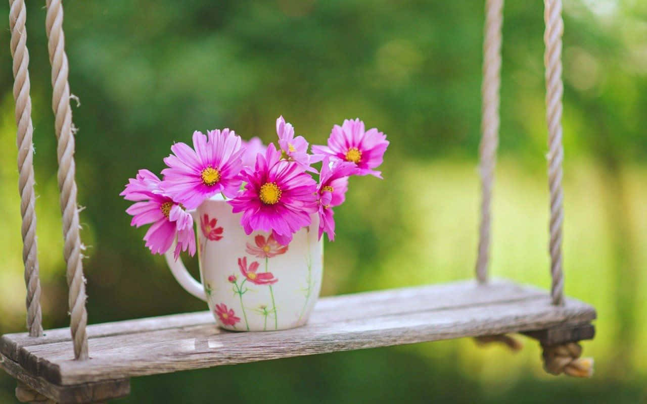 flowers laptop, wooden swing, floral mug, HD Desktop Wallpaper