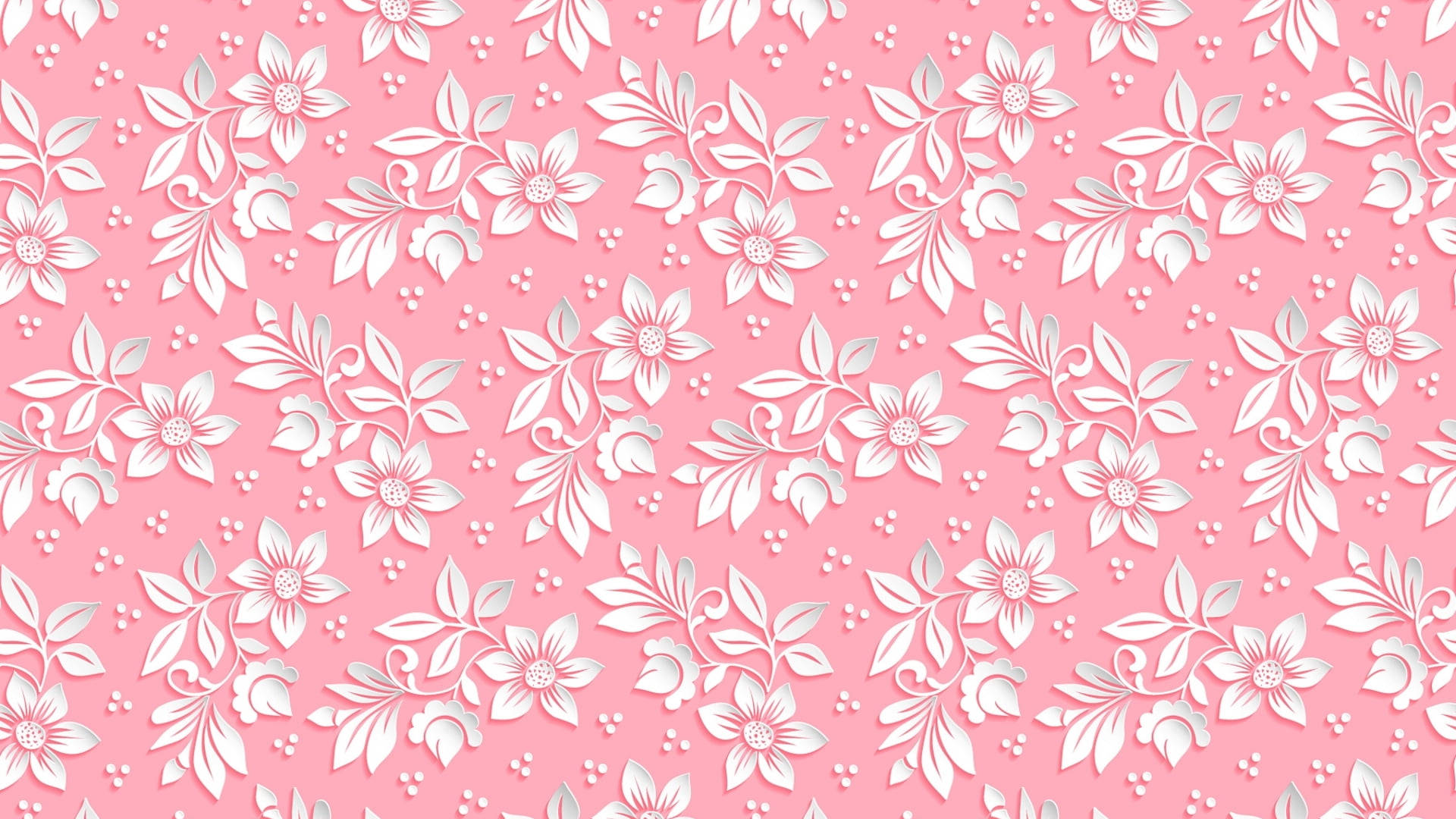 pink and white flower pc, pink background, white floral patterns, Full HD Desktop Wallpaper