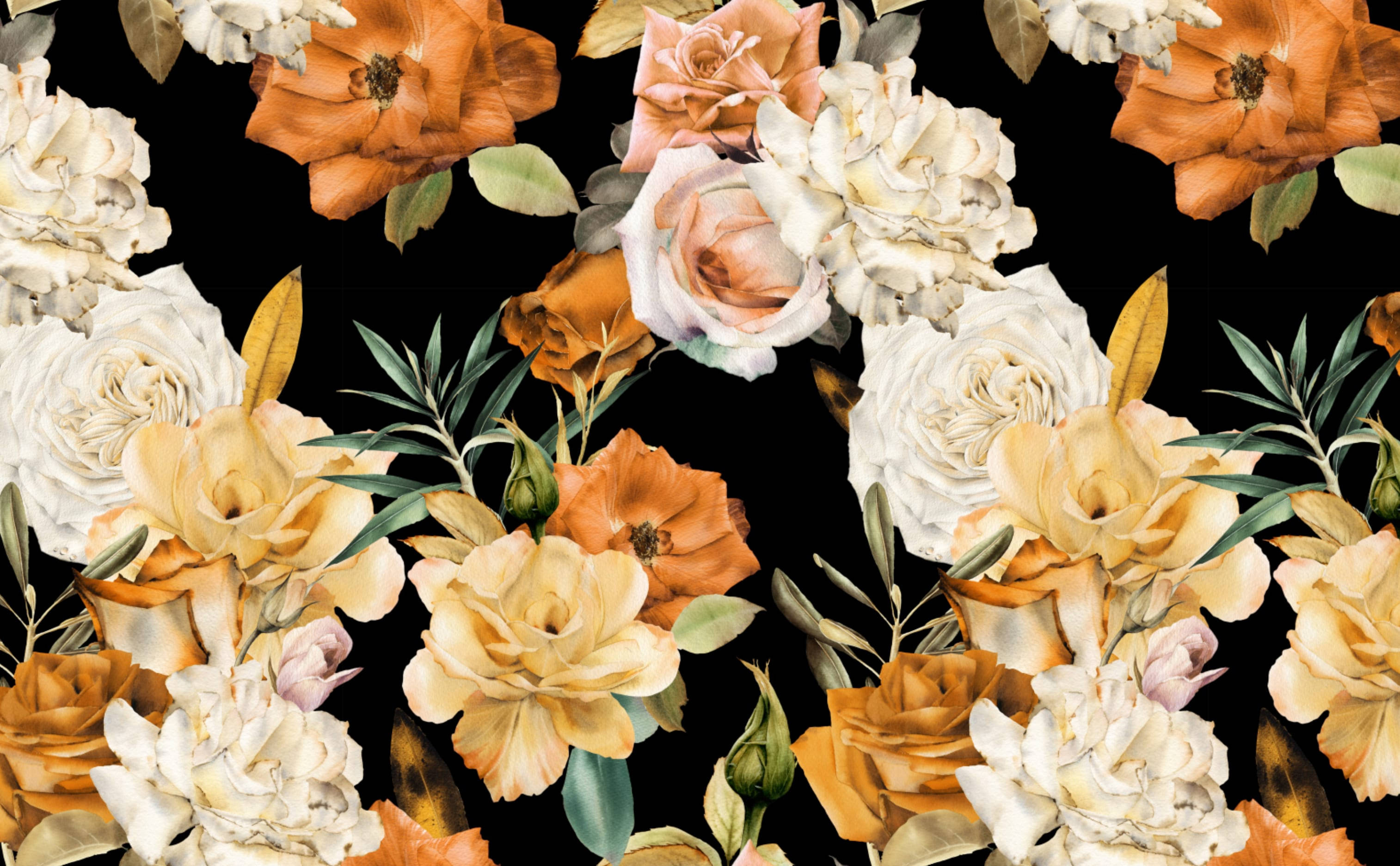 colorful roses, vibrant orange and cream roses, green leaves, 2K Desktop Wallpaper