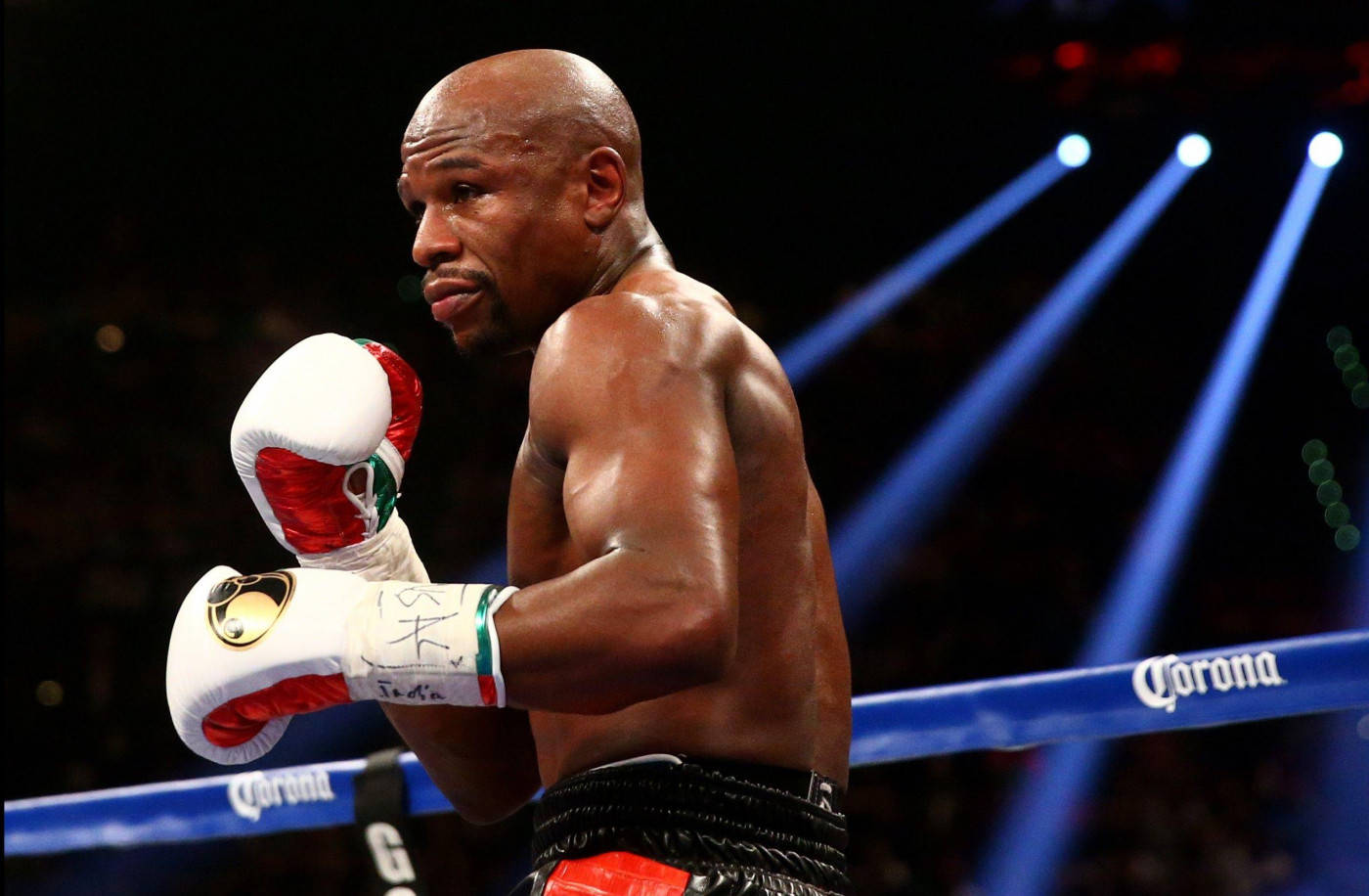 Floyd Mayweather, red and white gloves, brightly lit ring, HD Desktop Wallpaper