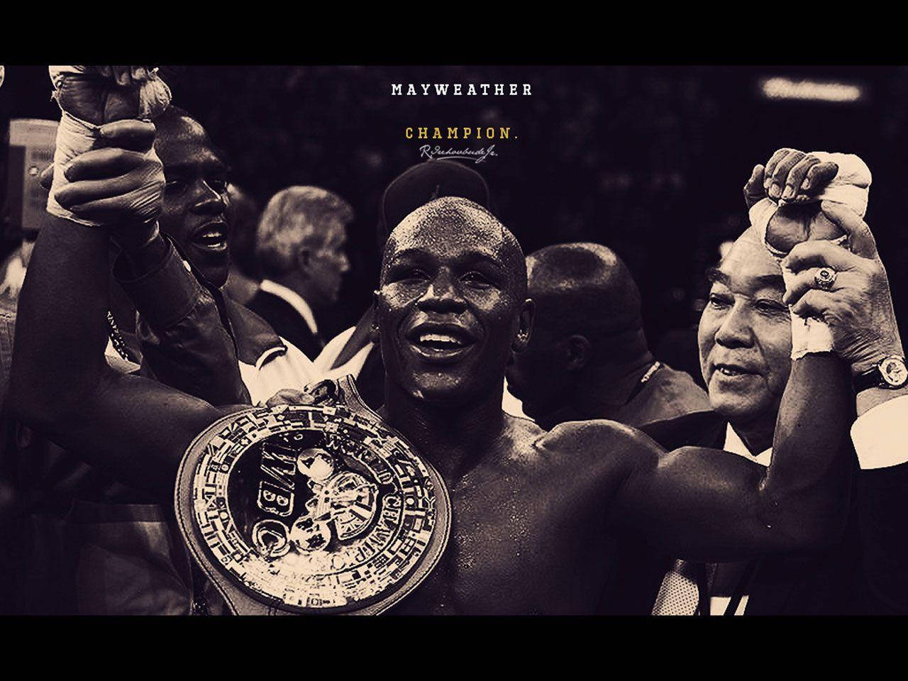 Floyd Mayweather, championship belt, black and white arena, HD Desktop Wallpaper