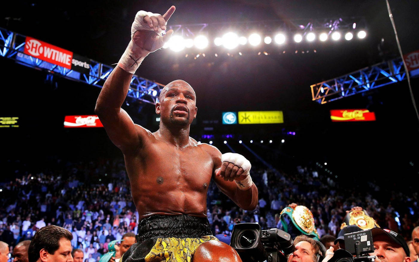 Floyd Mayweather, raising finger, bright arena lights, HD Desktop Wallpaper