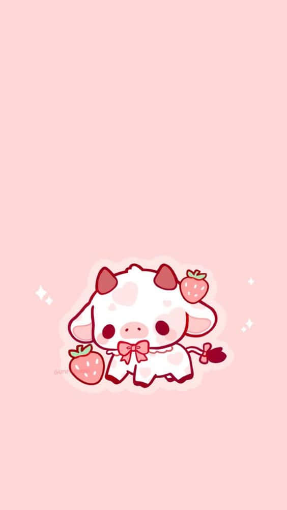 cute cartoon pink cow, strawberry accessories, pink bow, SD Phone Wallpaper