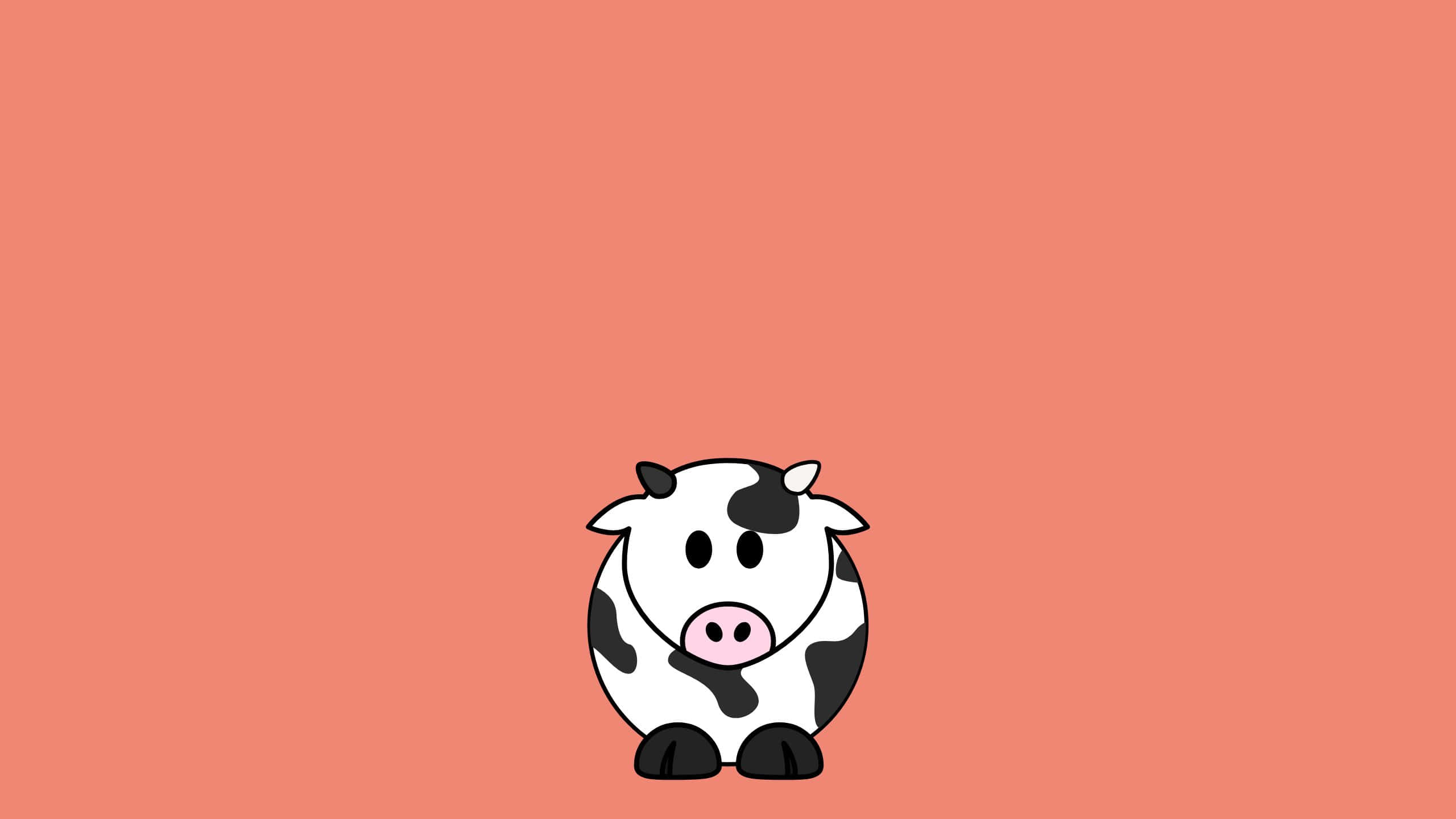 cartoon cow, black spots, solid coral background, 2K Desktop Wallpaper