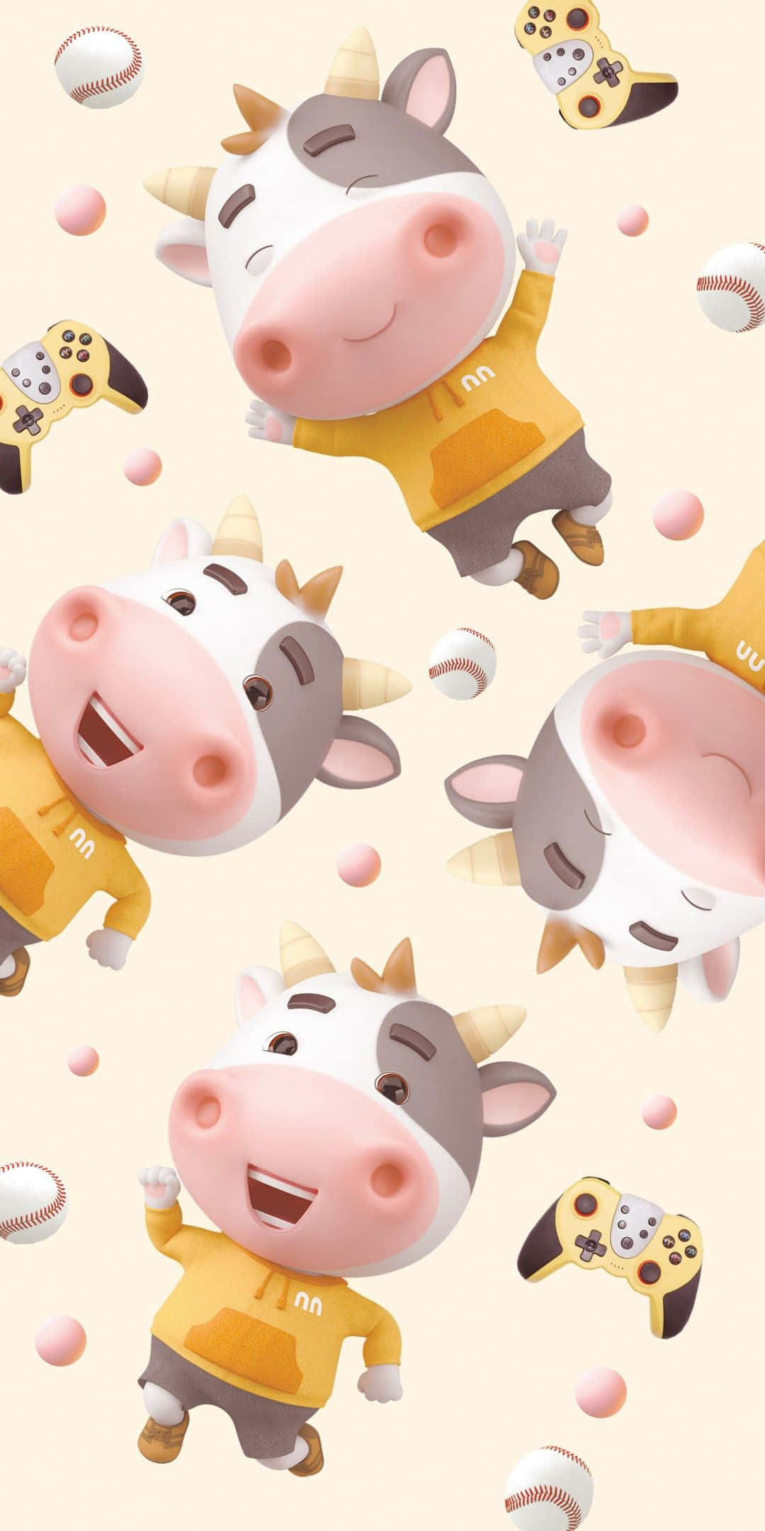 kawaii cute cow, yellow jerseys, baseballs, Full HD Phone Wallpaper