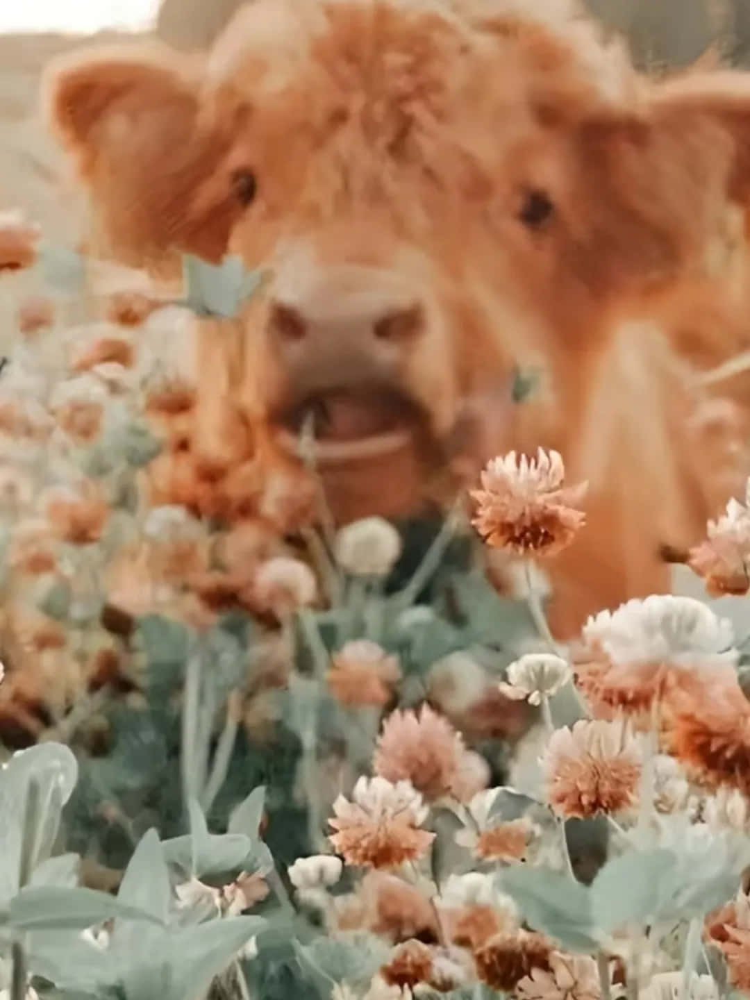 fluffy brown cow, field of soft pink and white clover flowers, peeks curiously, HD Phone Wallpaper