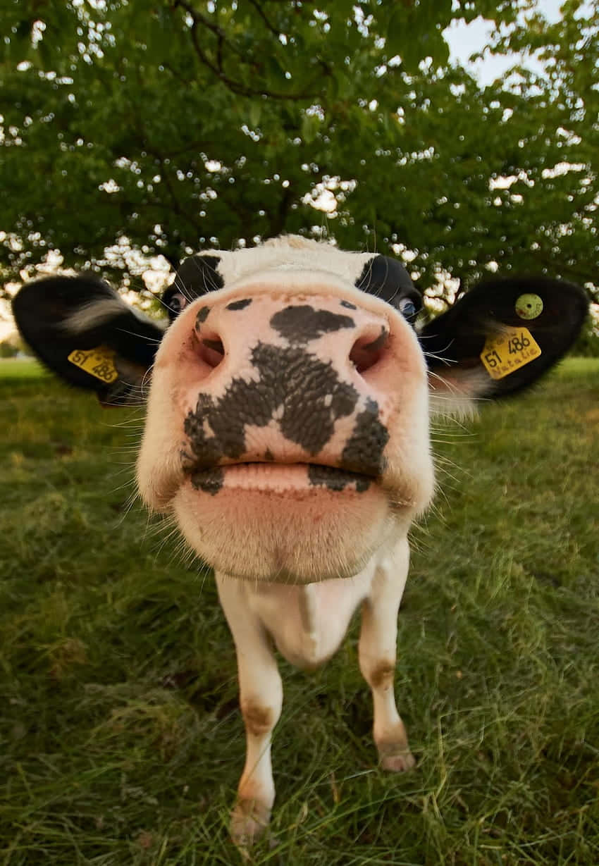 Curious Cow Up Close.jpg, black and white cow, yellow ear tags, SD Phone Wallpaper