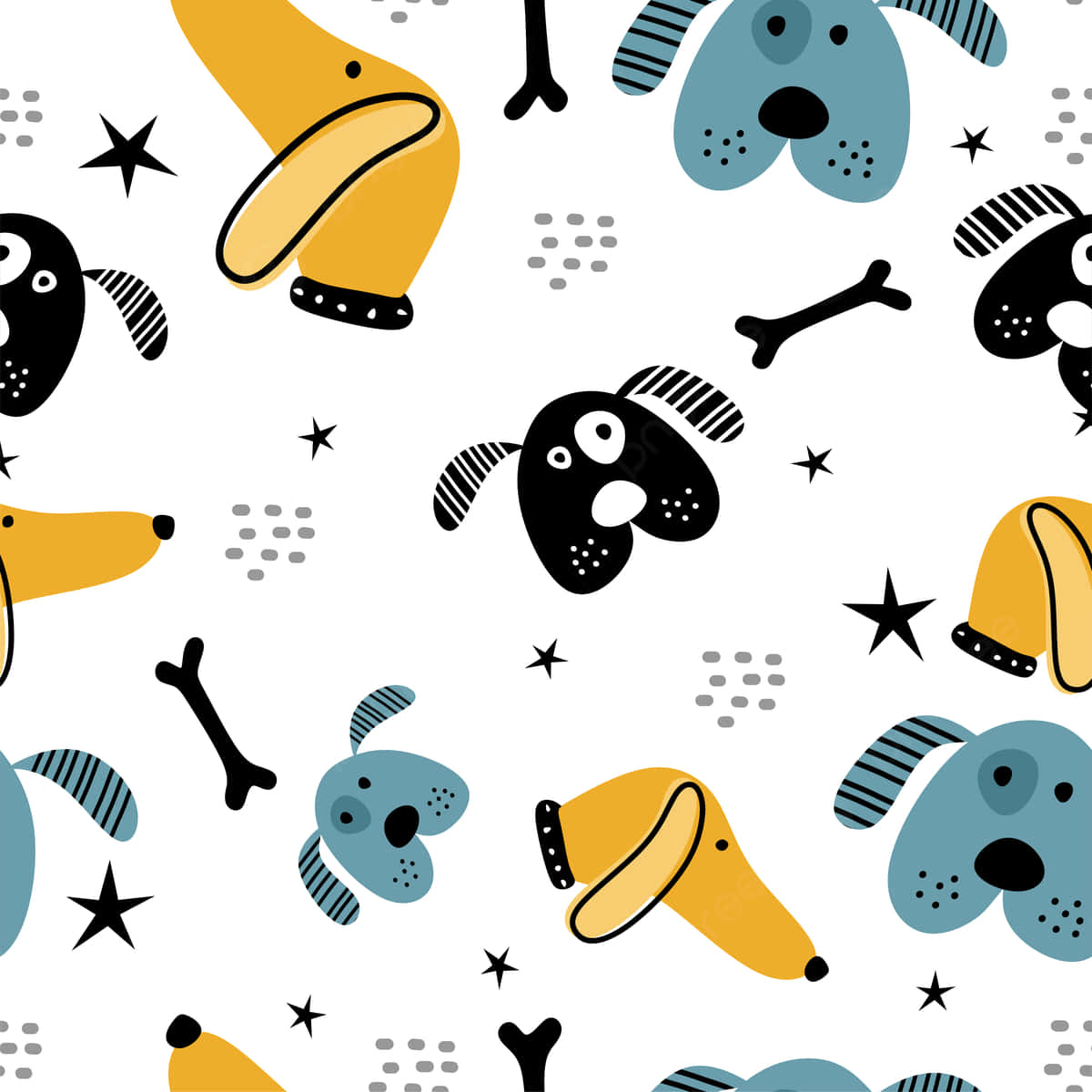 cute cartoon dog, blue yellow and black, bones, SD Desktop Wallpaper