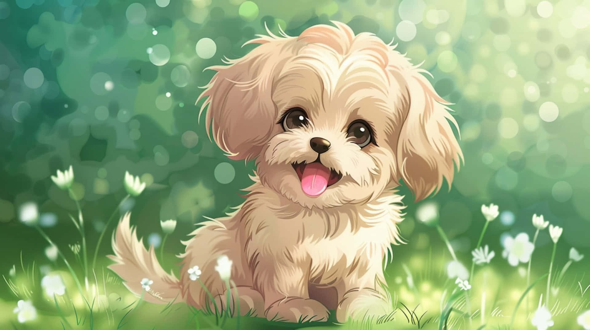 anime puppy, light brown, sunlit green meadow, Full HD Desktop Wallpaper
