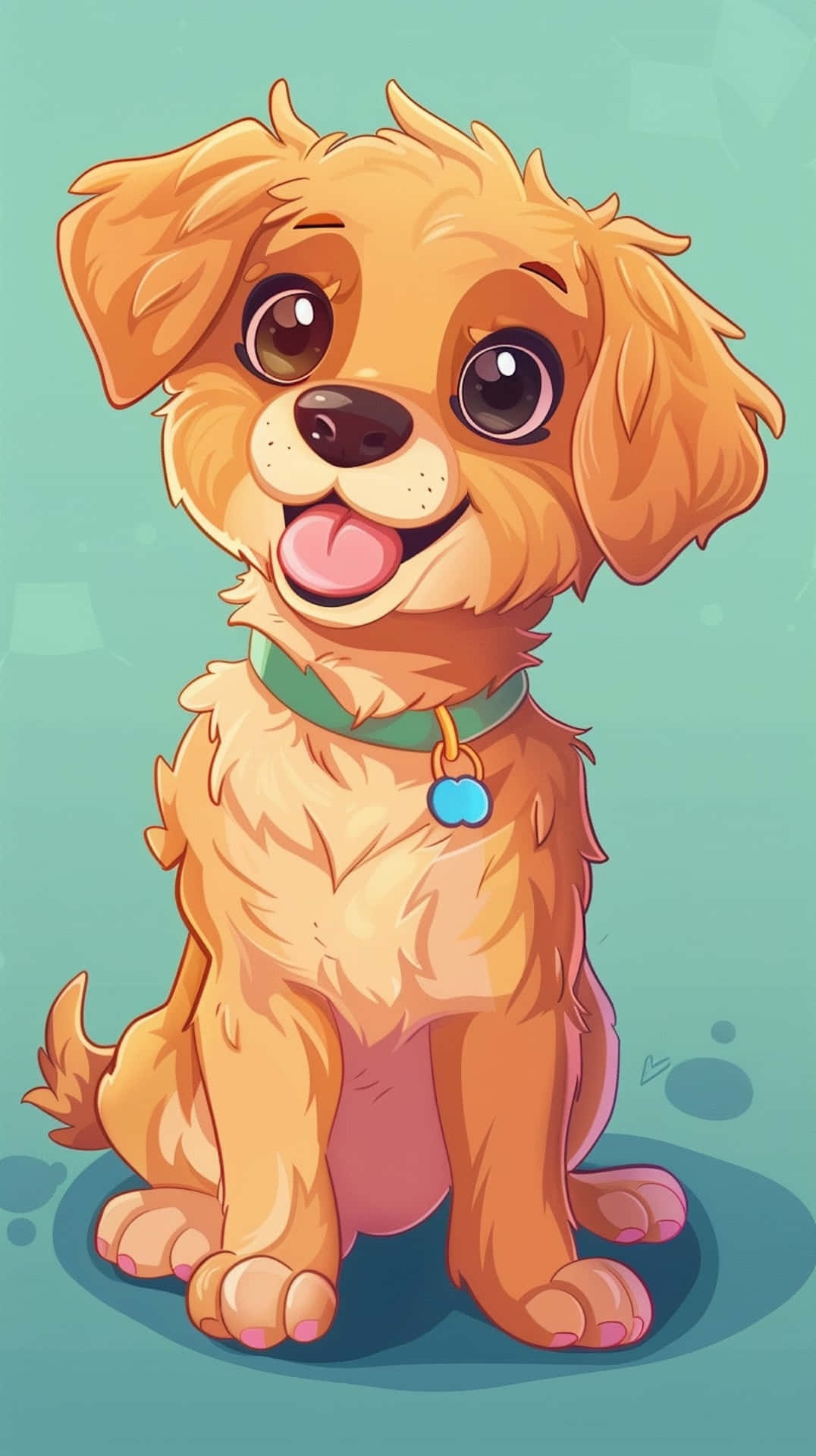 anime puppy, fluffy golden fur, soft teal background, Full HD Phone Wallpaper