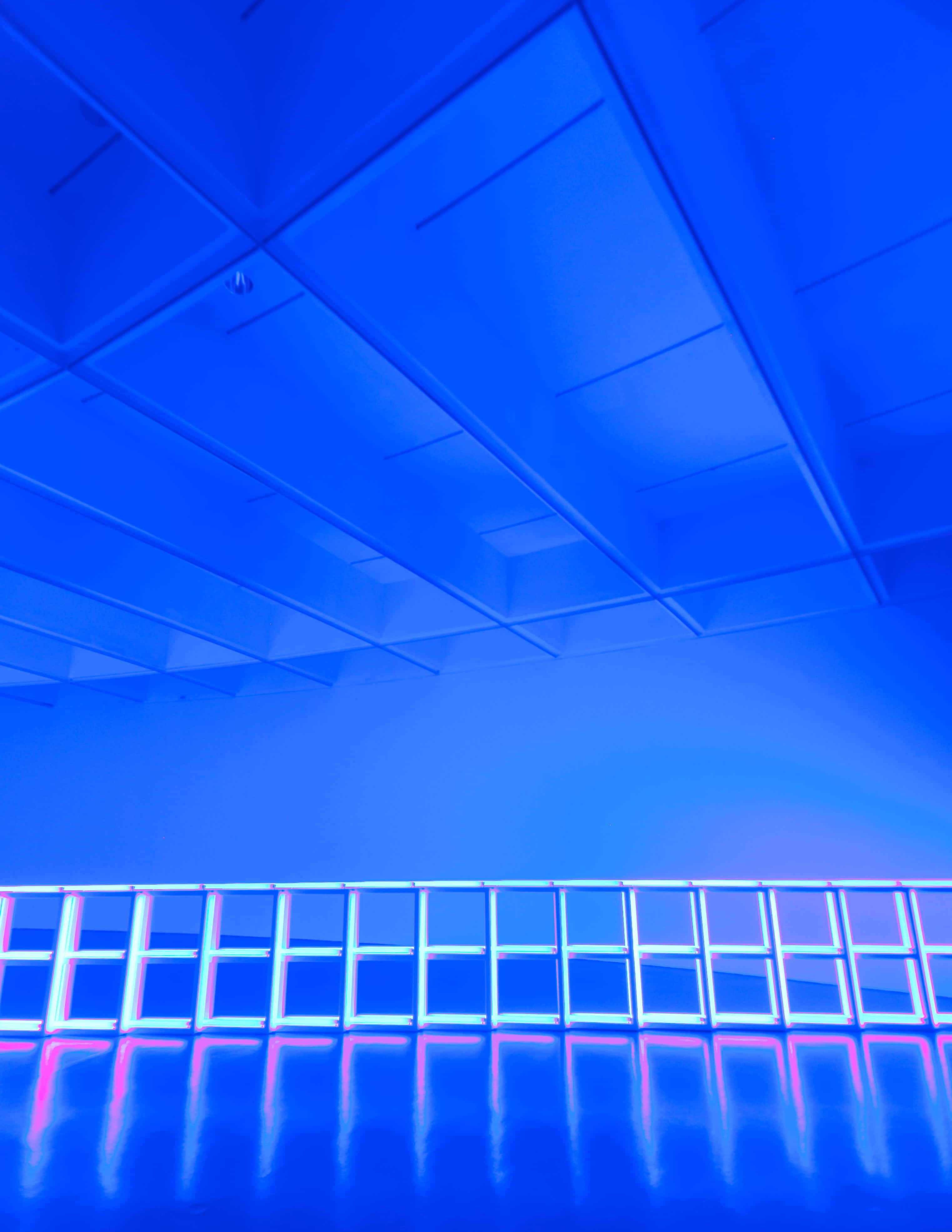 fluorescent 3045 x 3940, futuristic blue-lit interior, geometric ceiling panels, 4K Phone Wallpaper