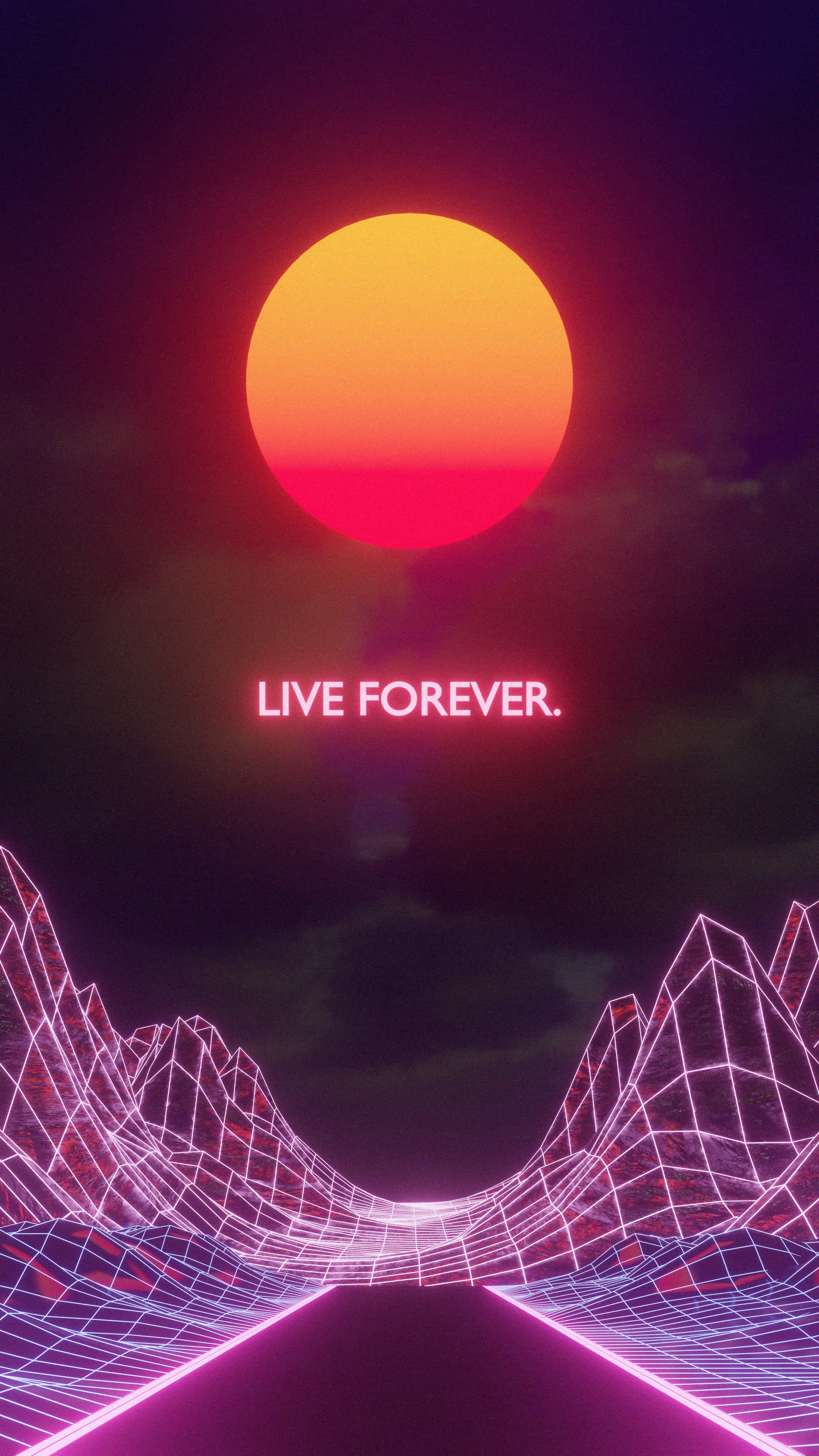 Fluorescent, neon grid landscape, glowing orange sun, 4K Phone Wallpaper