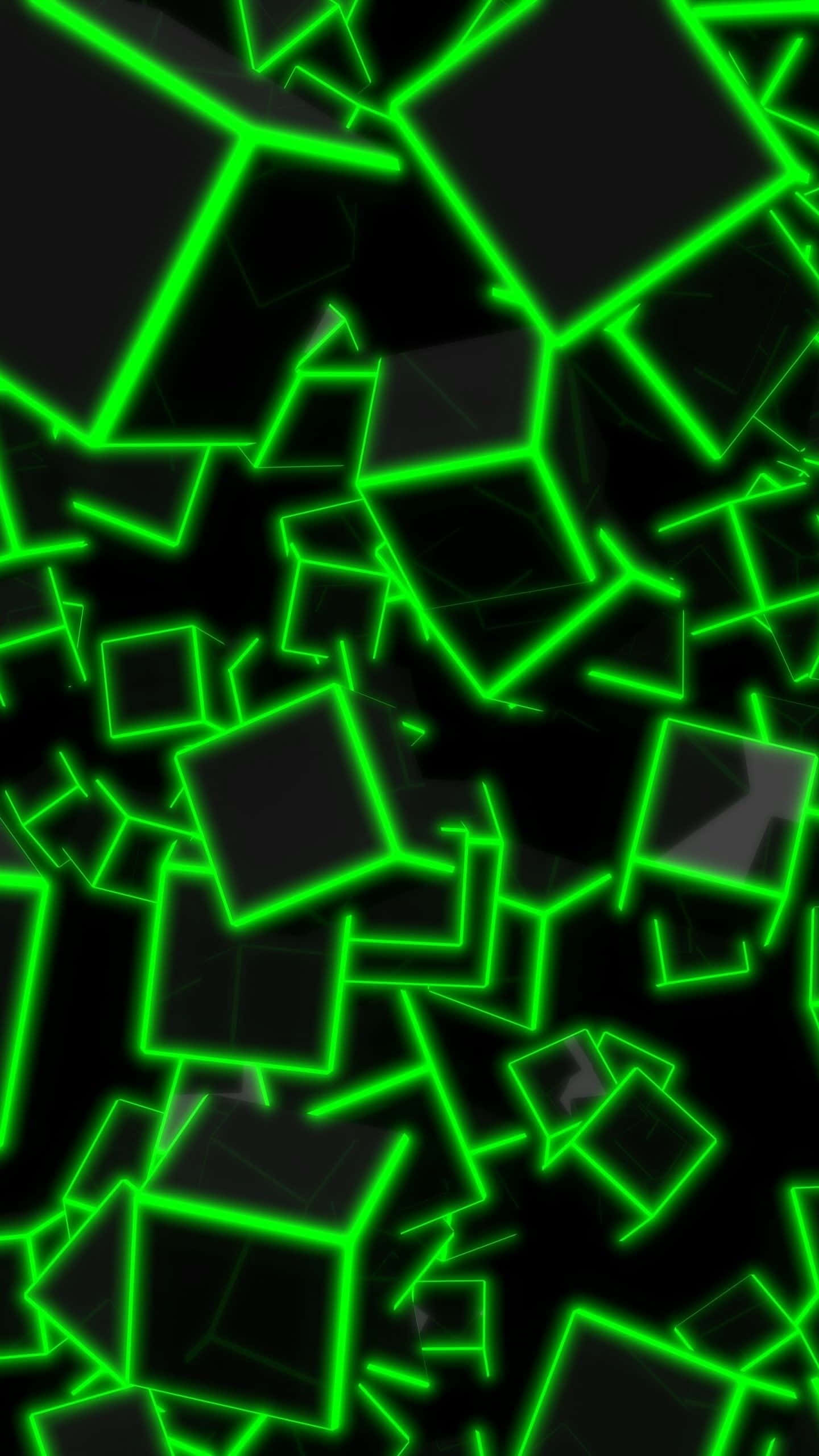 neon green, geometric cubes, pitch black background, 2K Phone Wallpaper