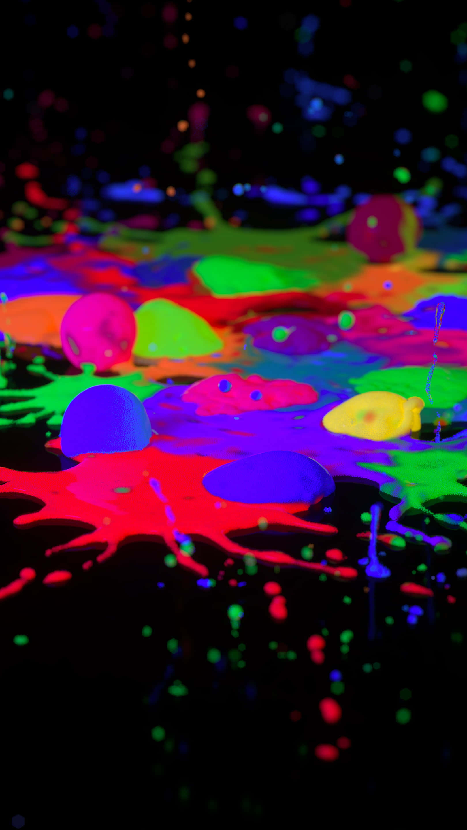 neon paint splatters, neon colors, pitch black background, 2K Phone Wallpaper